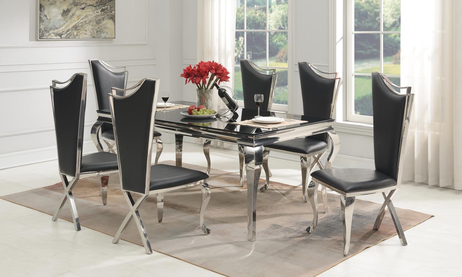 G-106 - 7 Piece Dining Room Set (Glamour Table, 6 Leather Chairs) - Black