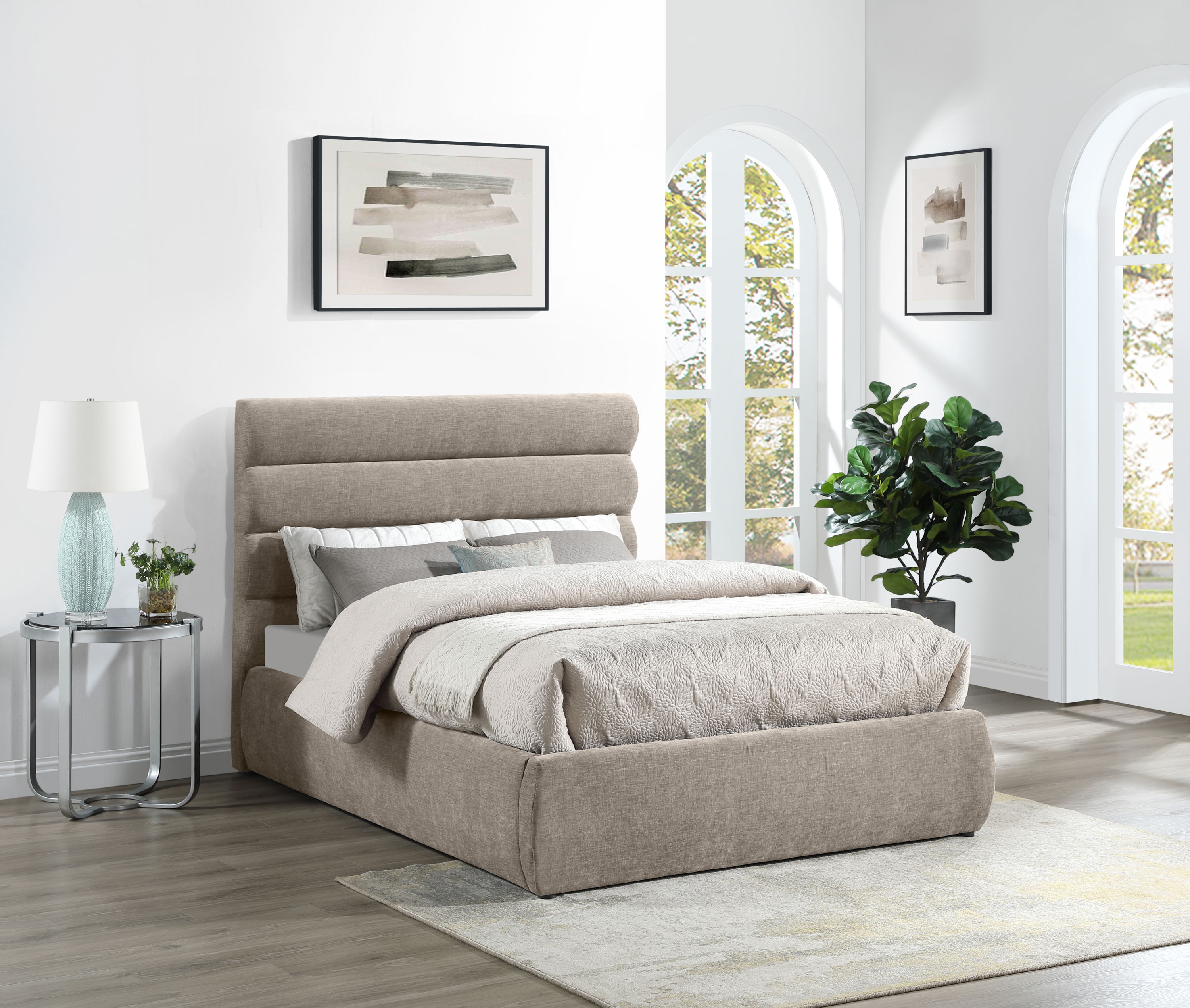 Adam - Chenille Fabric Full Bed With 52" Headboard - Beige