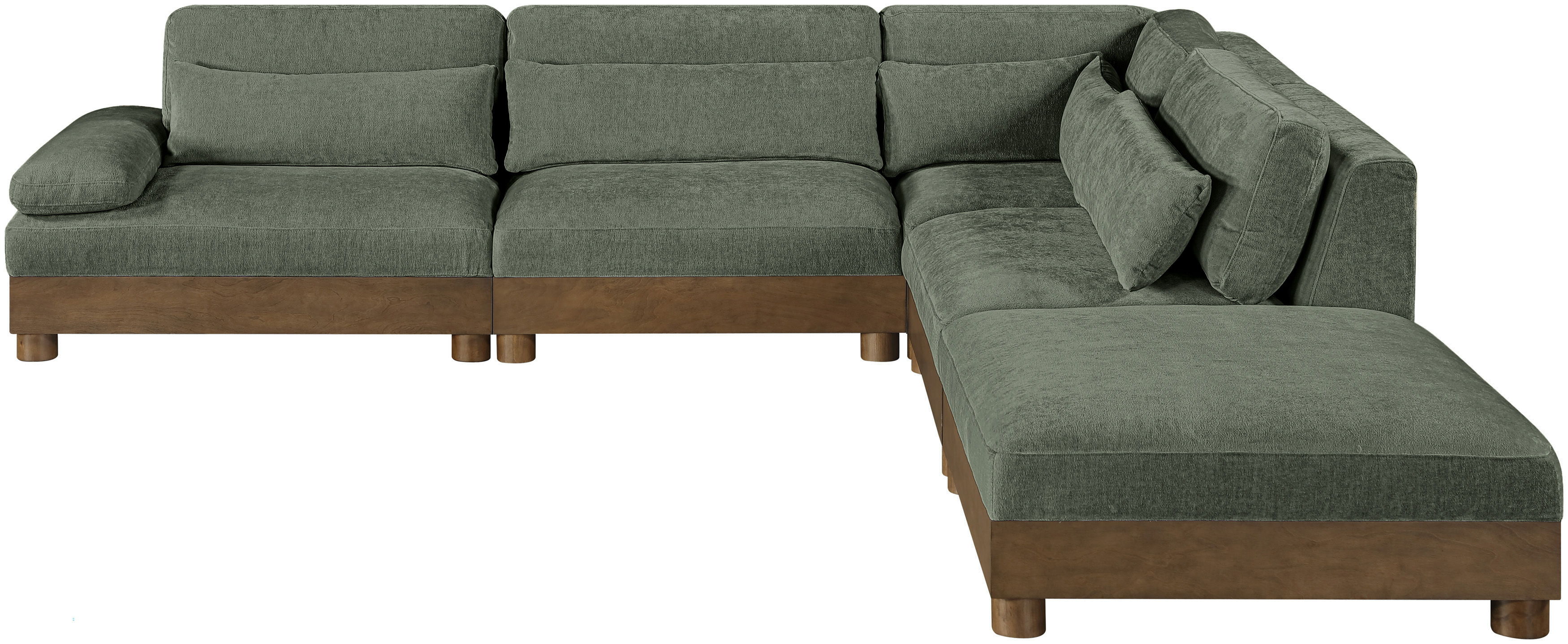 Turin - 120" Chenille Fabric Upholstered 5 Piece Modular Sectional - Green / Brown Walnut
