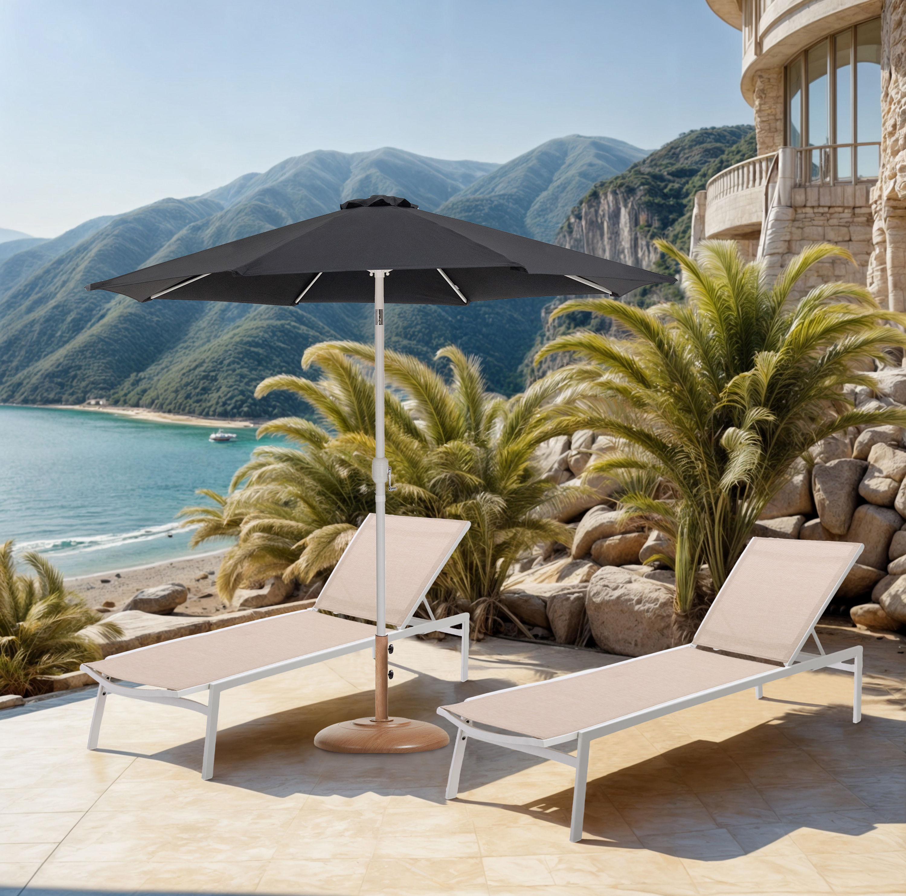 Fiji - Aluminum Patio Umbrella With Round Teak And White Base - Black