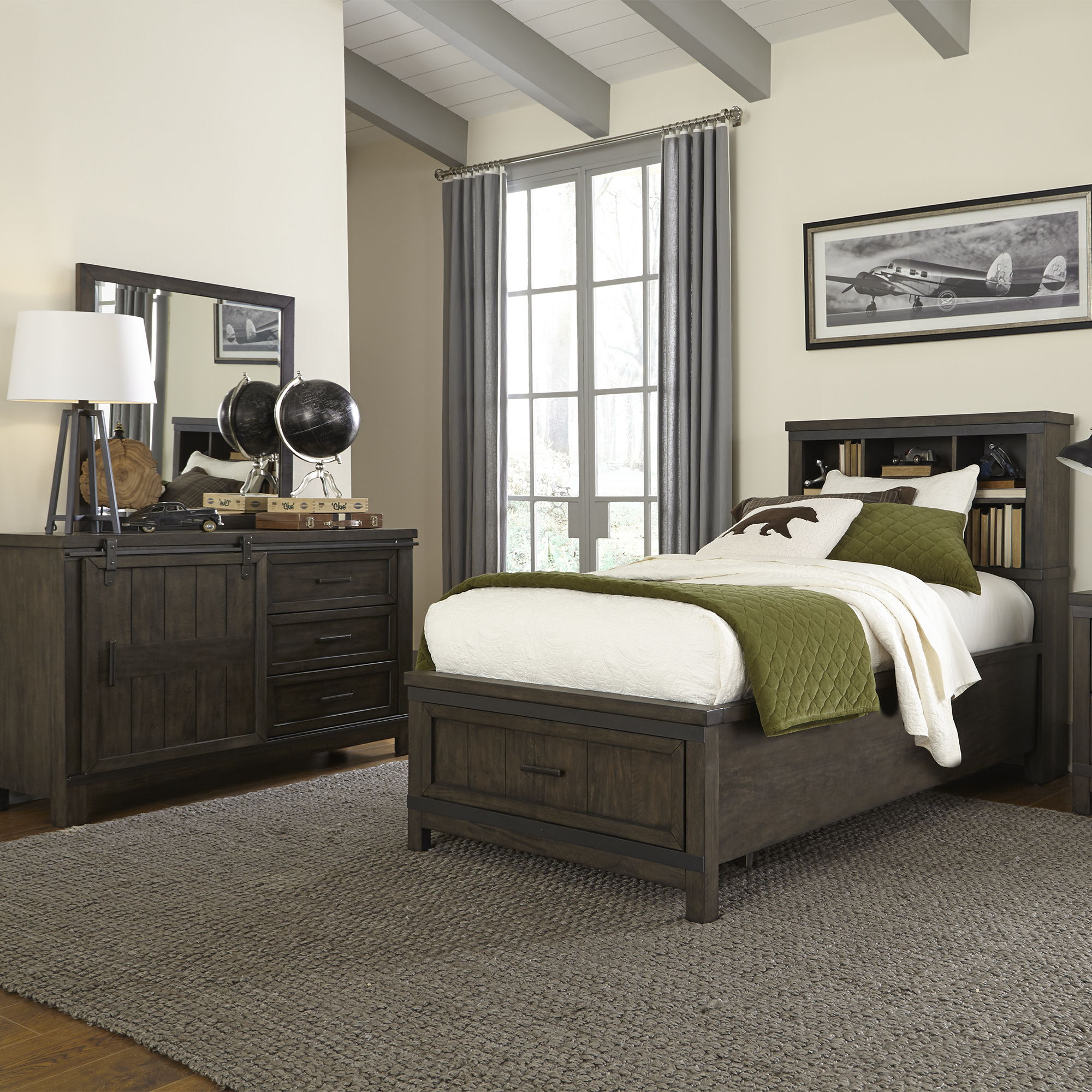 Liberty Furniture Thornwood Hills - 3 Piece Bedroom Set (Twin Bookcase Bed, Dresser & Mirror) - Dark Gray