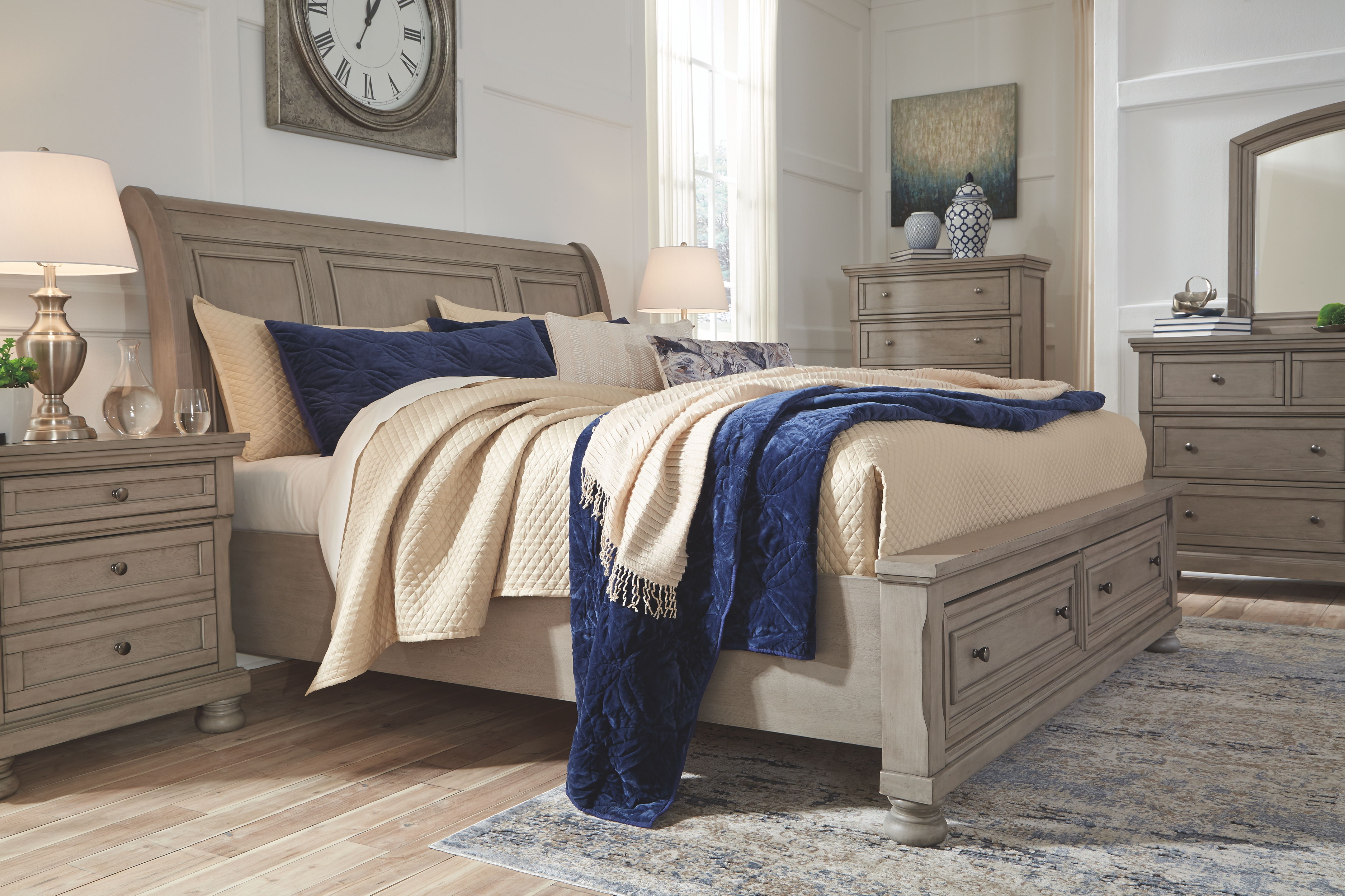 Ashley Furniture Lettner - 5 Pc. - Dresser, Mirror, King Sleigh Bed with 2 Storage Drawers - Light Gray - Image 3