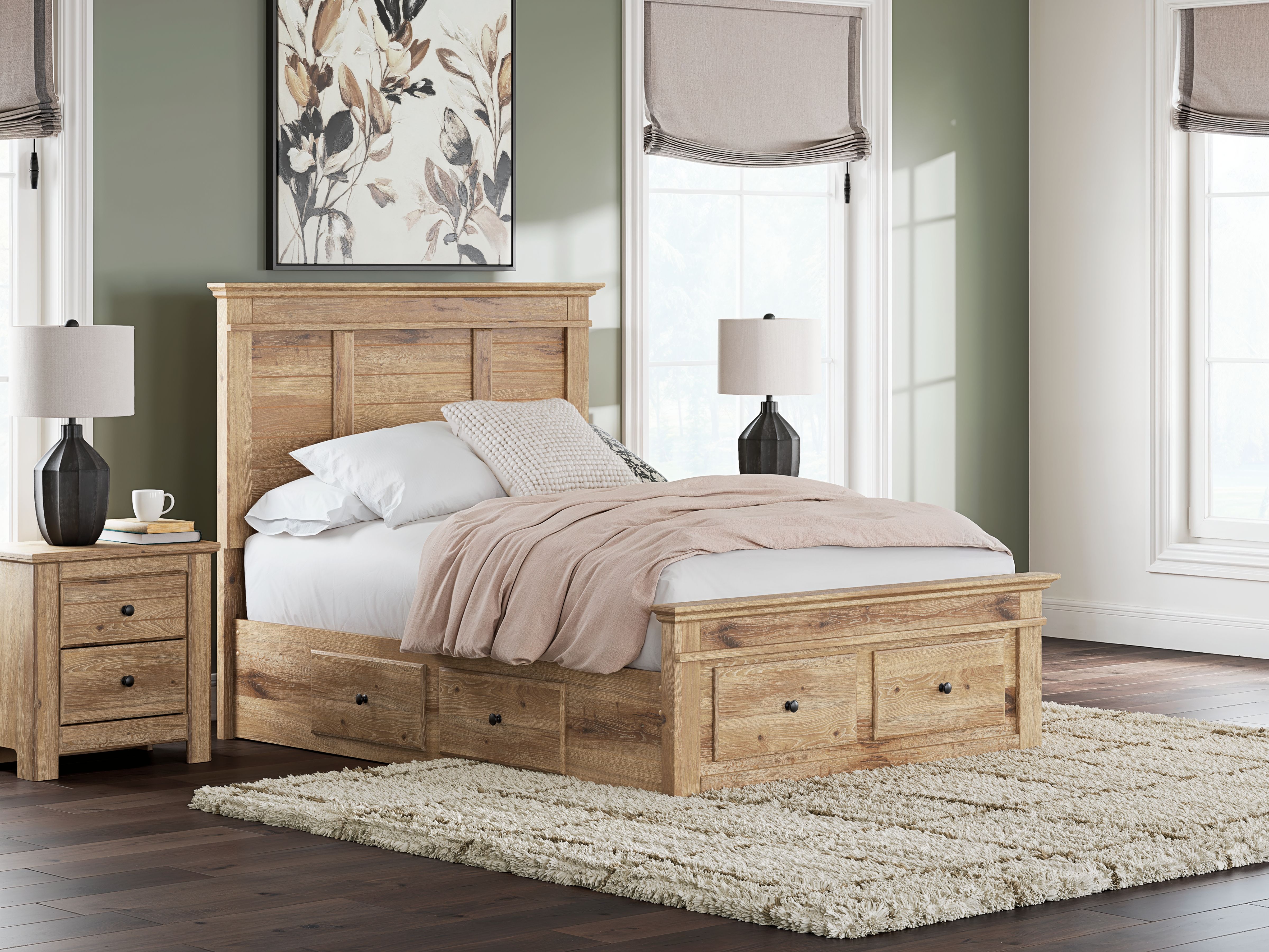 Makidern - Full Panel Storage Bed With Under Bed Storage Unit And Storage Footboard - Tan