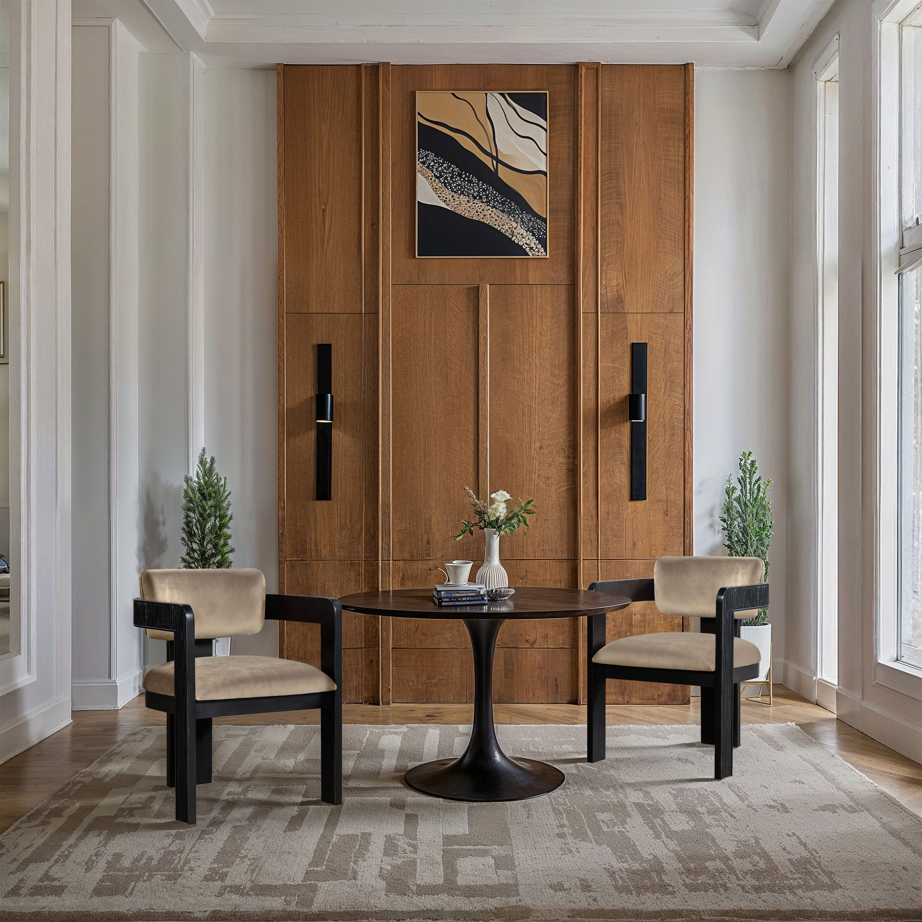 Sacha - Velvet Dining Chair With Black Base (Set of 2) - Beige