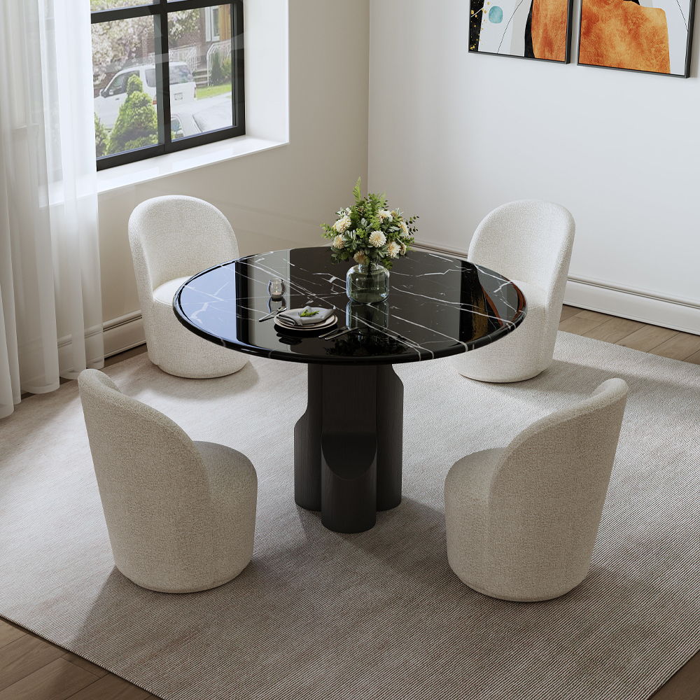 Kinton - Round Dining Table With Natural Marble Top - Black, black, view 2