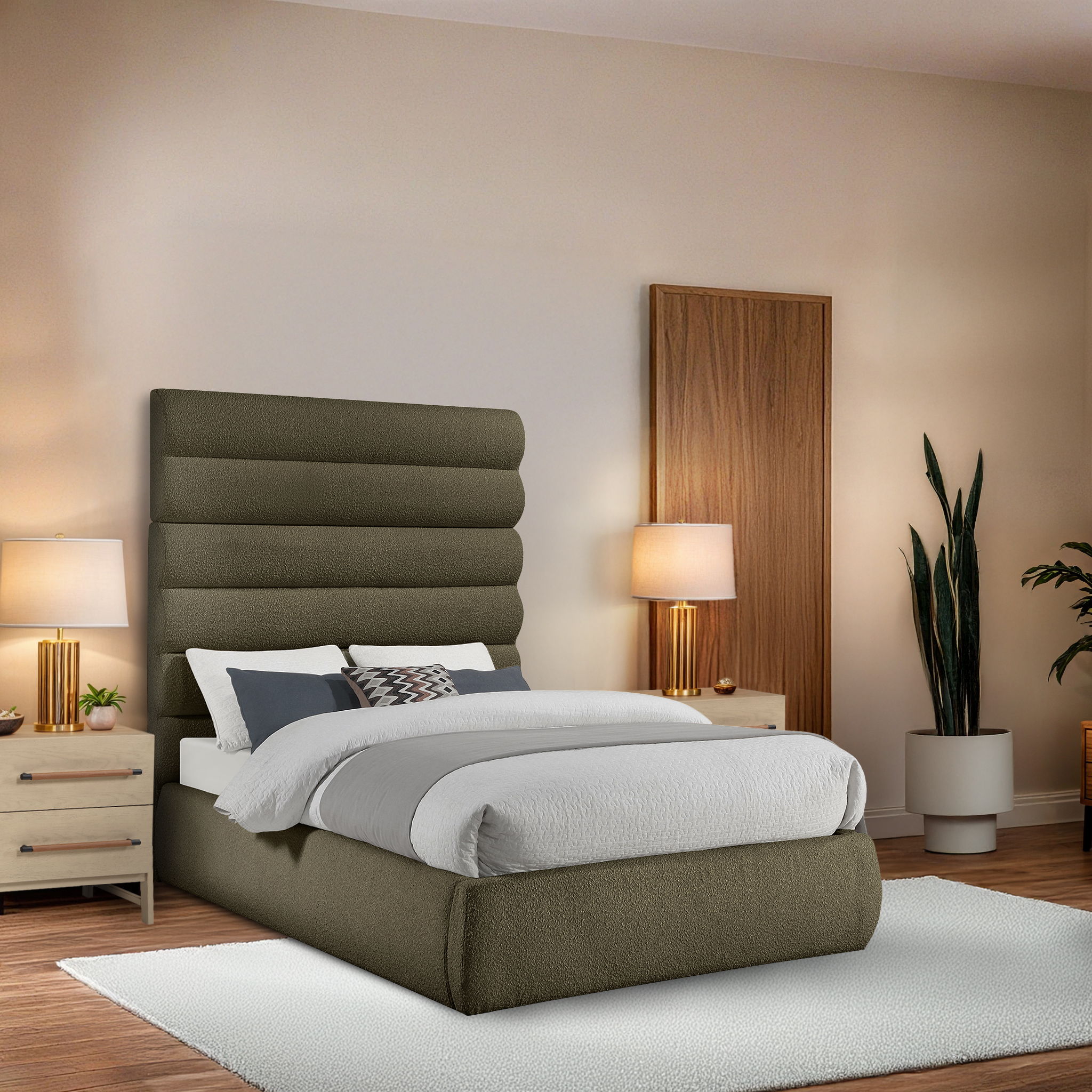 Adam - Boucle Fabric Full Bed With 70.5" Headboard - Olive