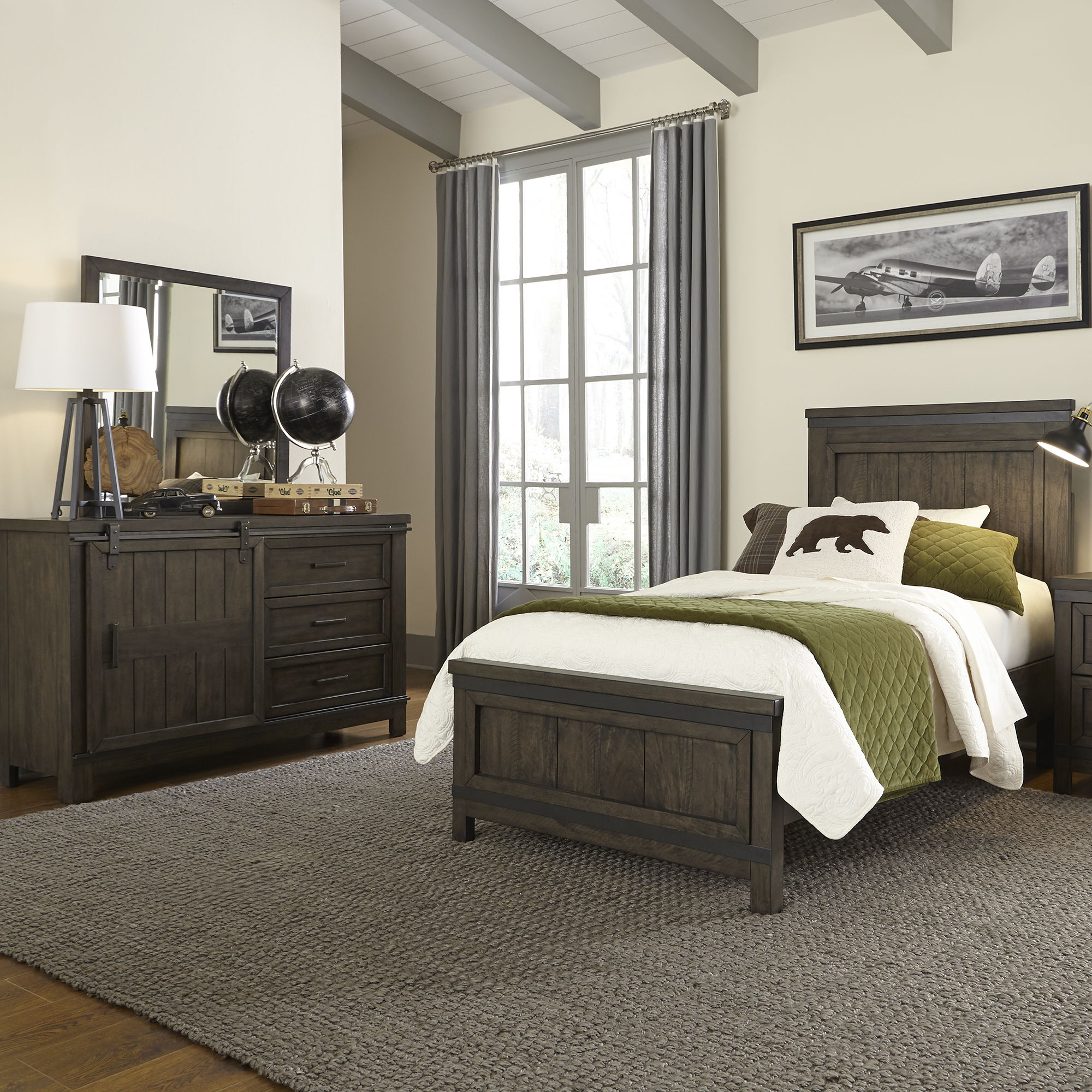 Liberty Furniture Thornwood Hills - 3 Piece Bedroom Set (Twin Panel Bed, Dresser & Mirror) - Dark Brown