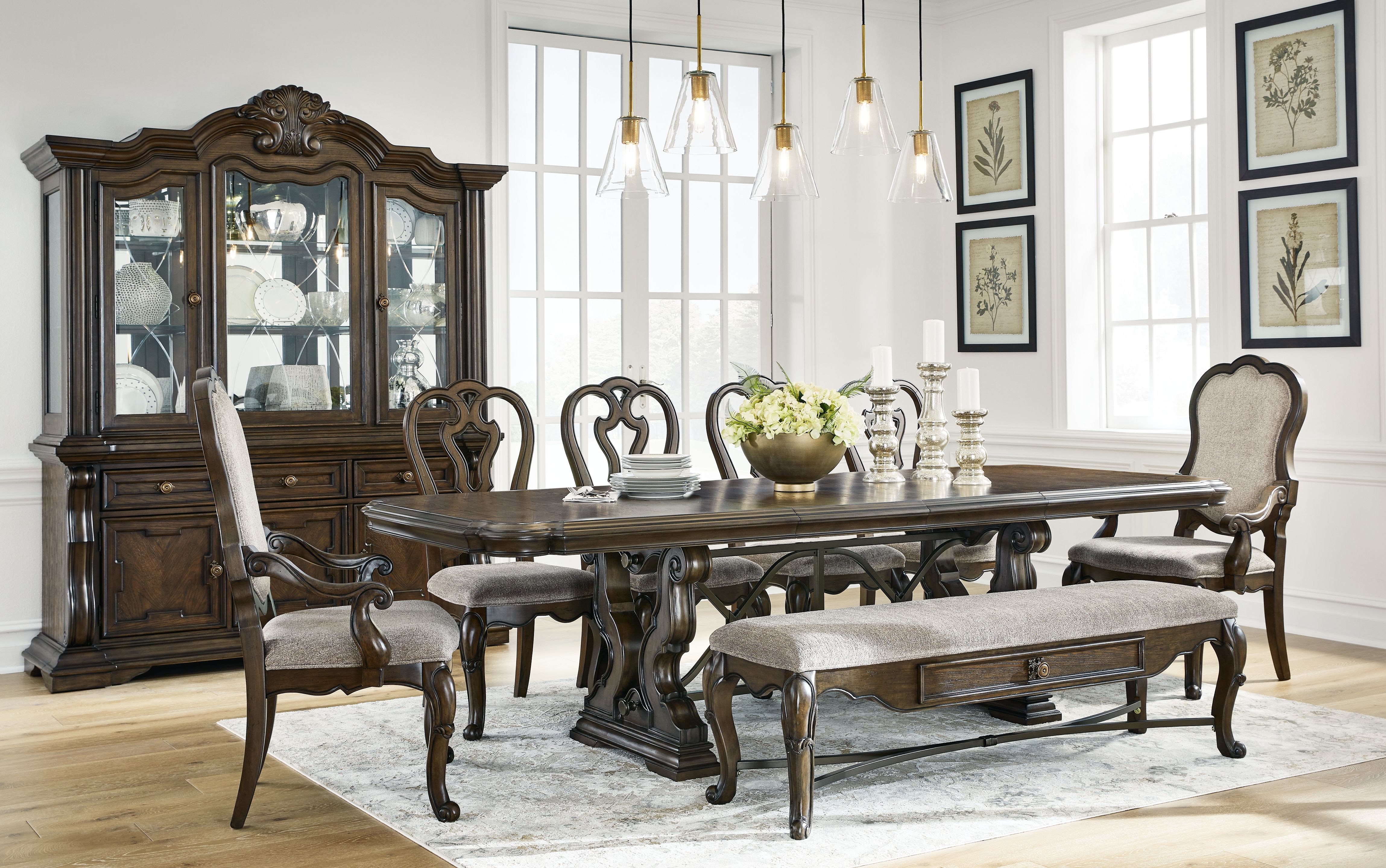Ashley Maylee - Dark Brown - 11 Pc. - Dining Extension Table, 4 Side Chairs, 2 Arm Chairs, Storage Bench, Buffet And Hutch