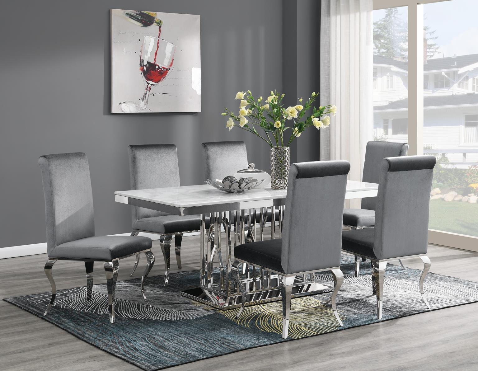 G-081-T-WHITE - 7 Piece Dining Room Set (Table, 6 Velvet Chairs) - Gray