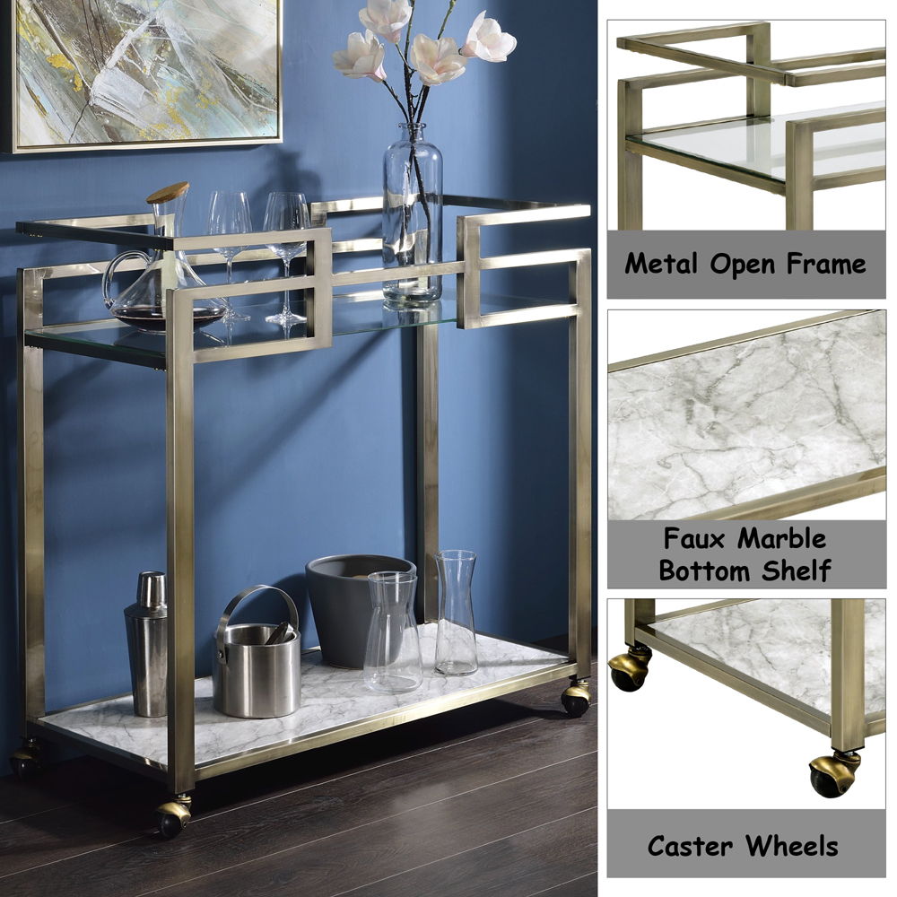 Neilo - Serving Cart - Clear Glass, Faux Marble Top & Wire Brass, silver, view 7