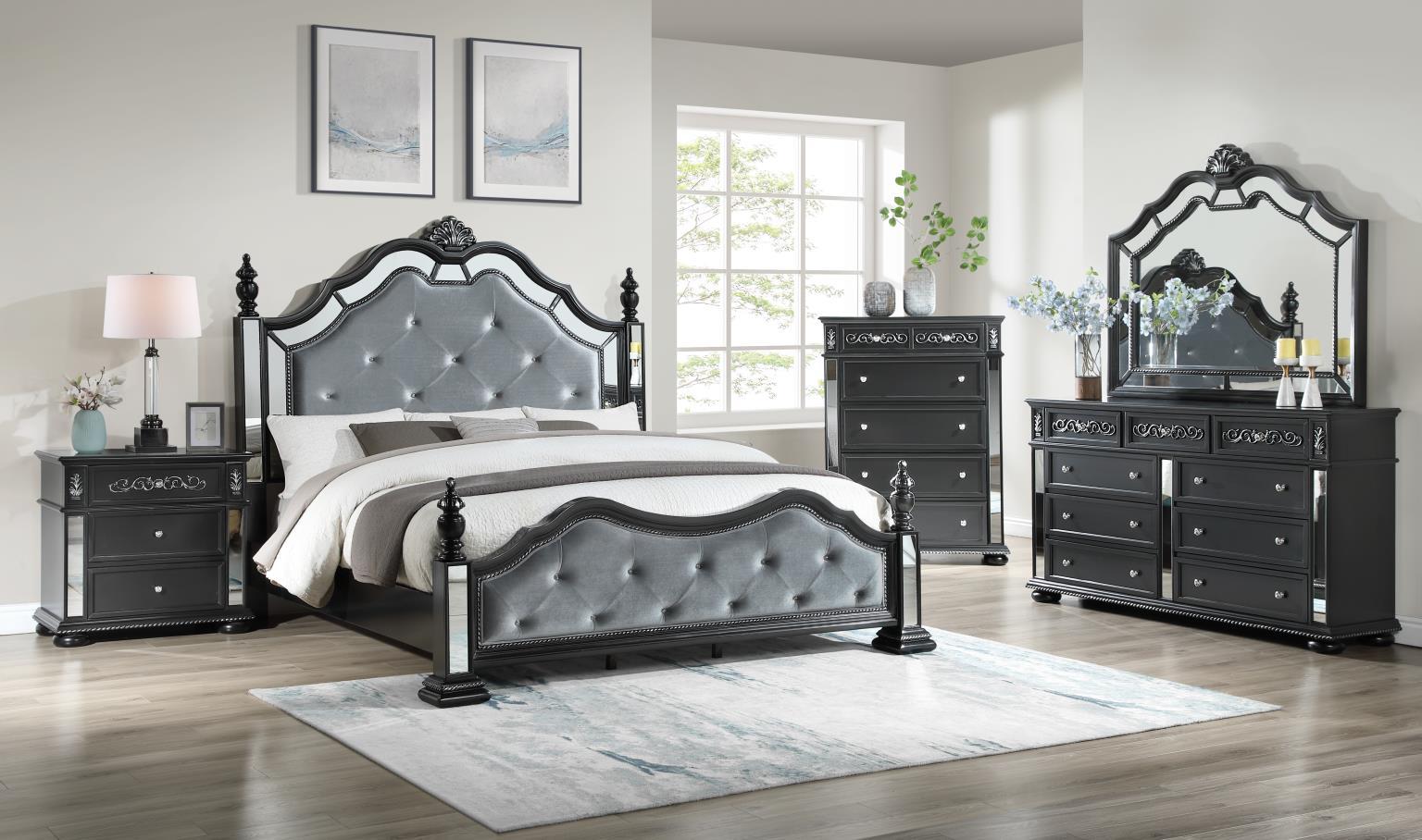 B091 - 3 Piece Bedroom Set (Queen Bed, Dresser, Mirror) - Black