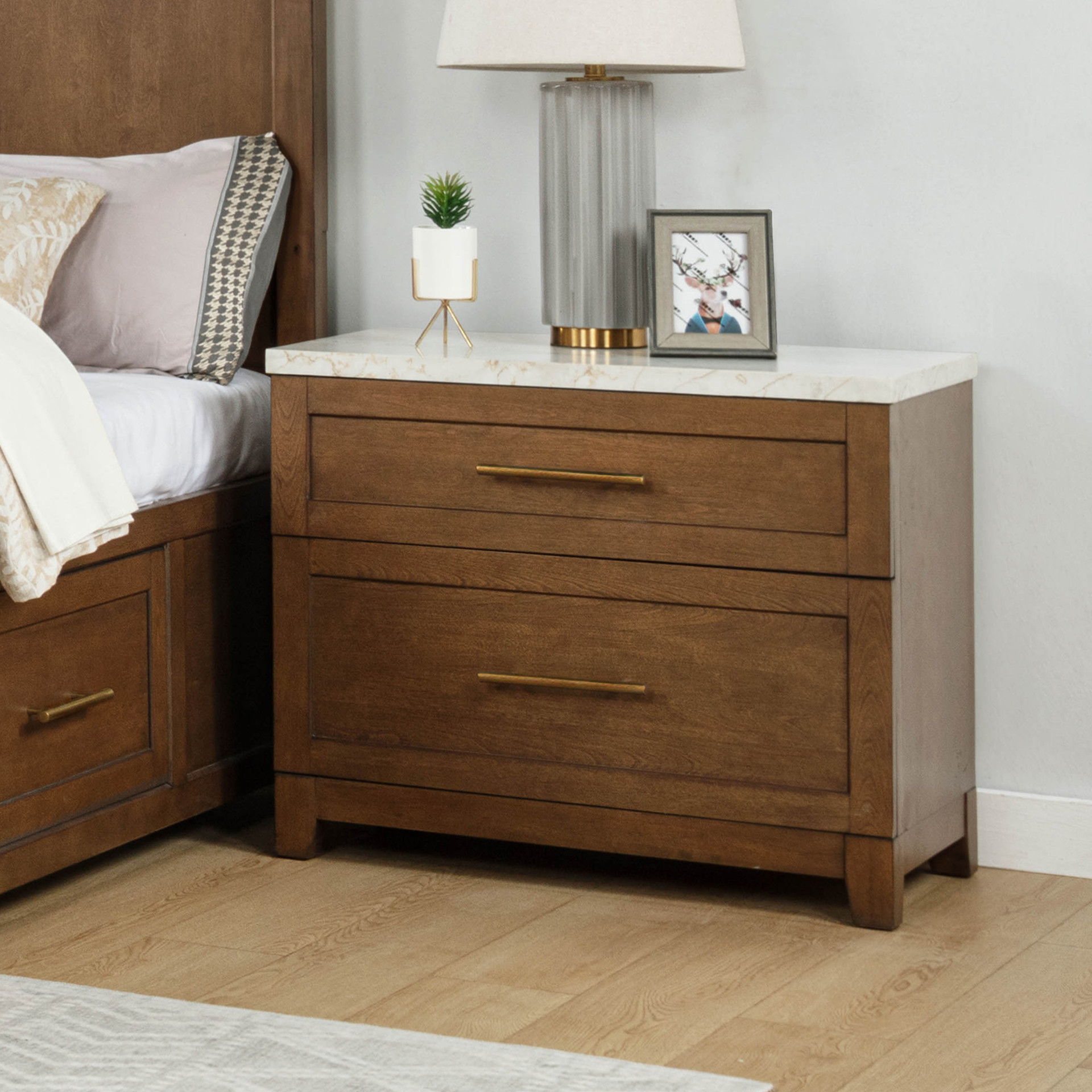 Devonshire - Nightstand With Marble Top And USB Port - Cognac, light brown