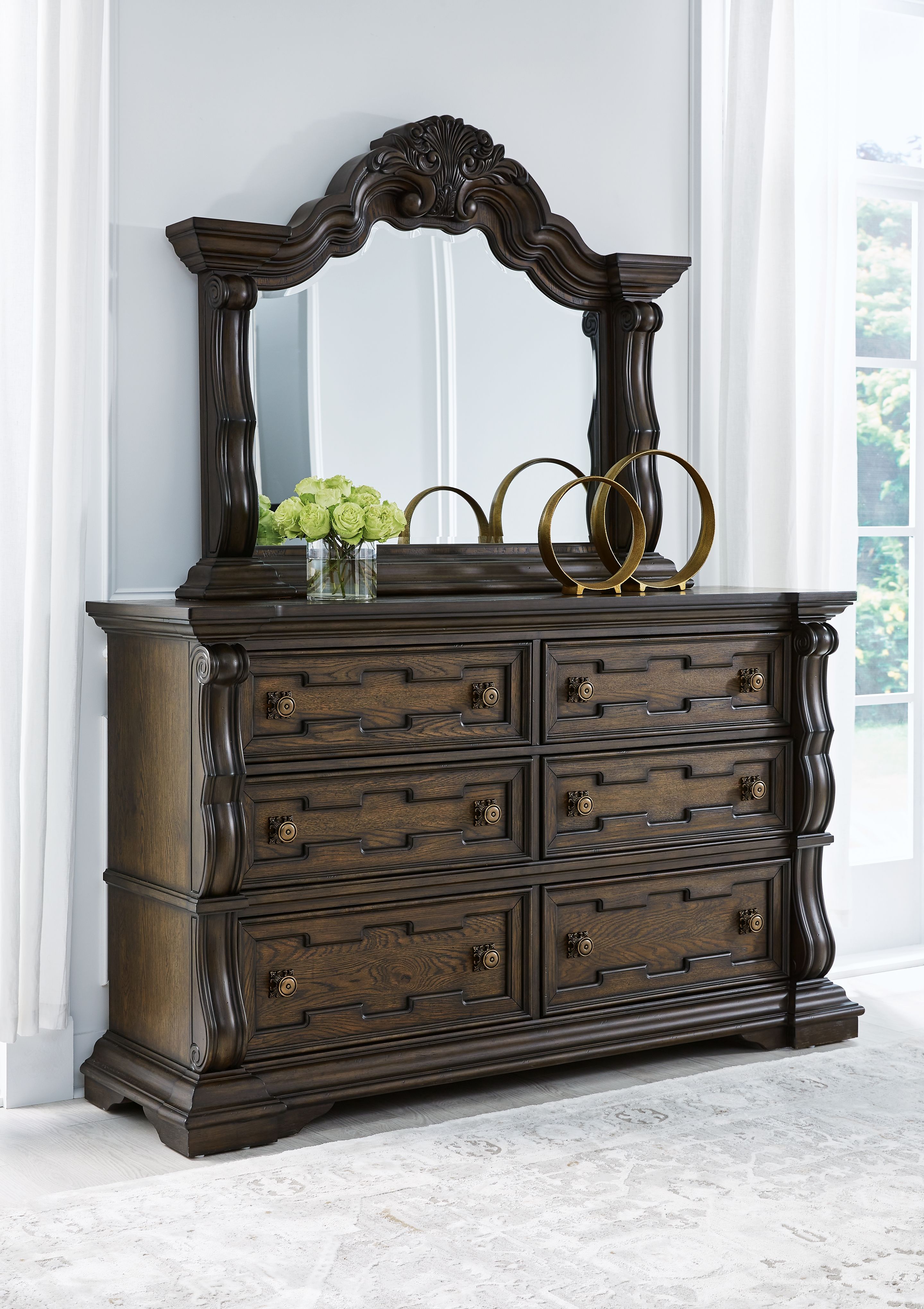Maylee - 8 Pc. - Dresser, Mirror, Chest, Queen Upholstered Bed, 2 Nightstands - Dark Brown