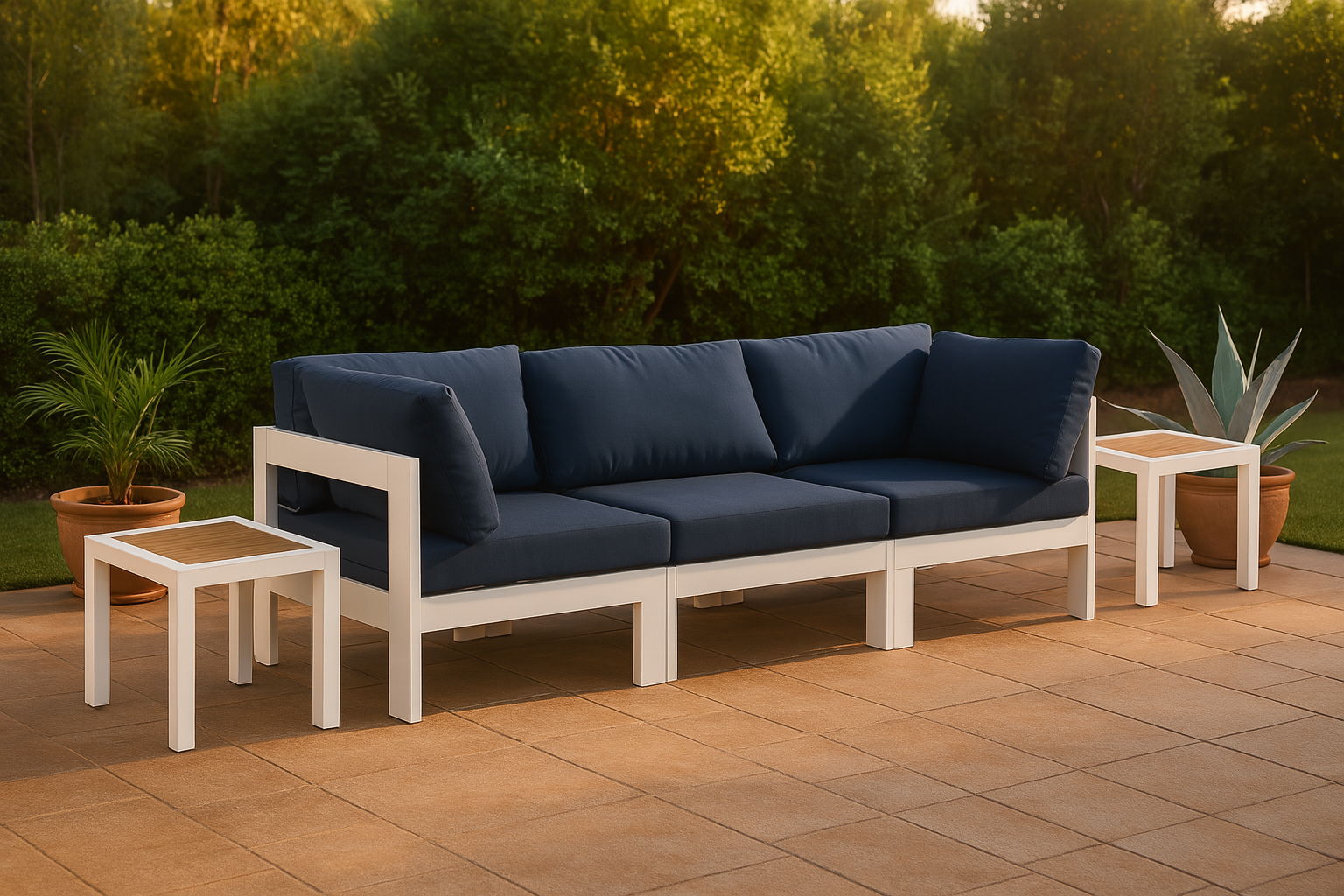Nizuc - Outdoor Patio 3 Piece Modular Sofa With White Frame - Navy