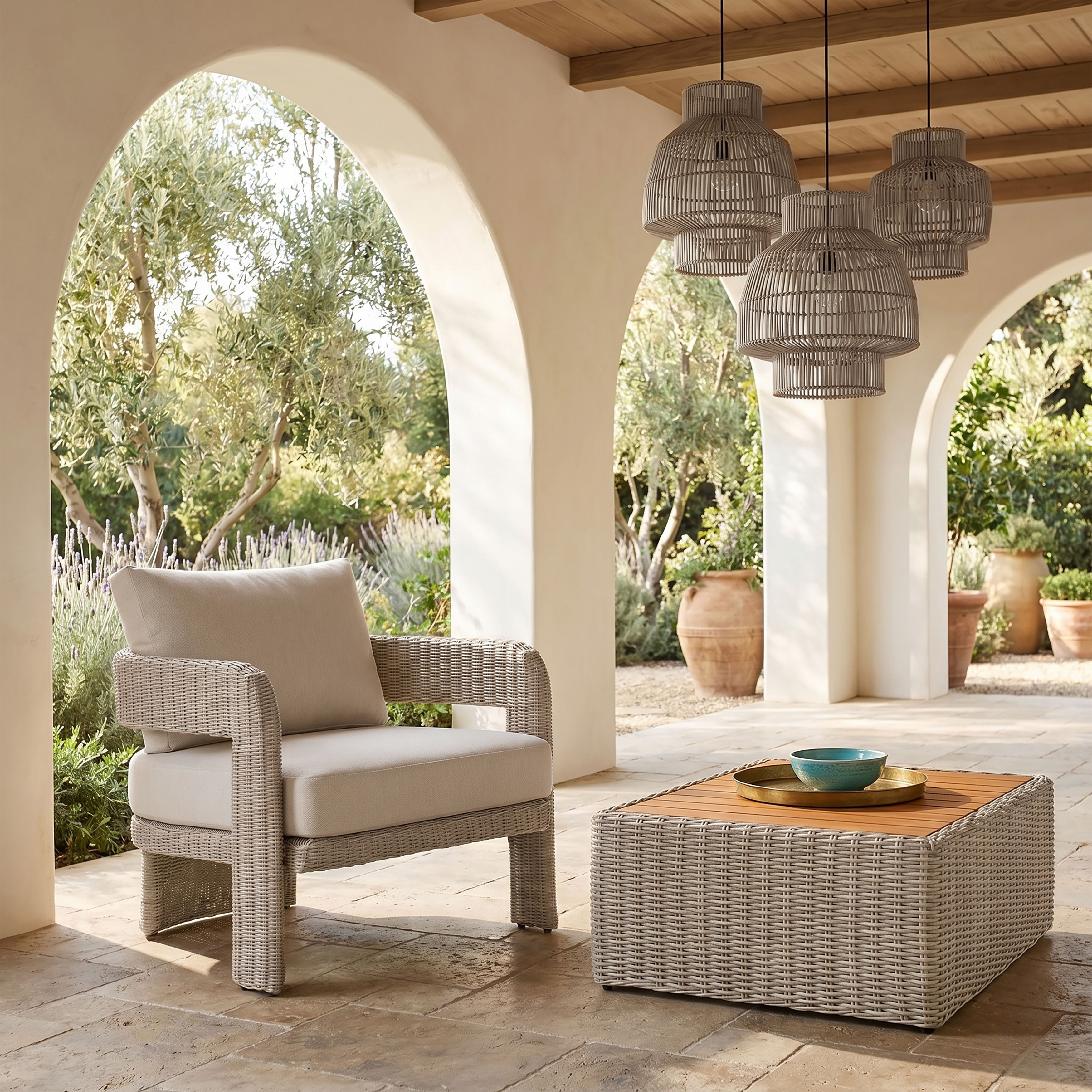 Sandbay - Olefin Water Resistant Fabric And Wicker Outdoor Patio Accent Chair - Cream