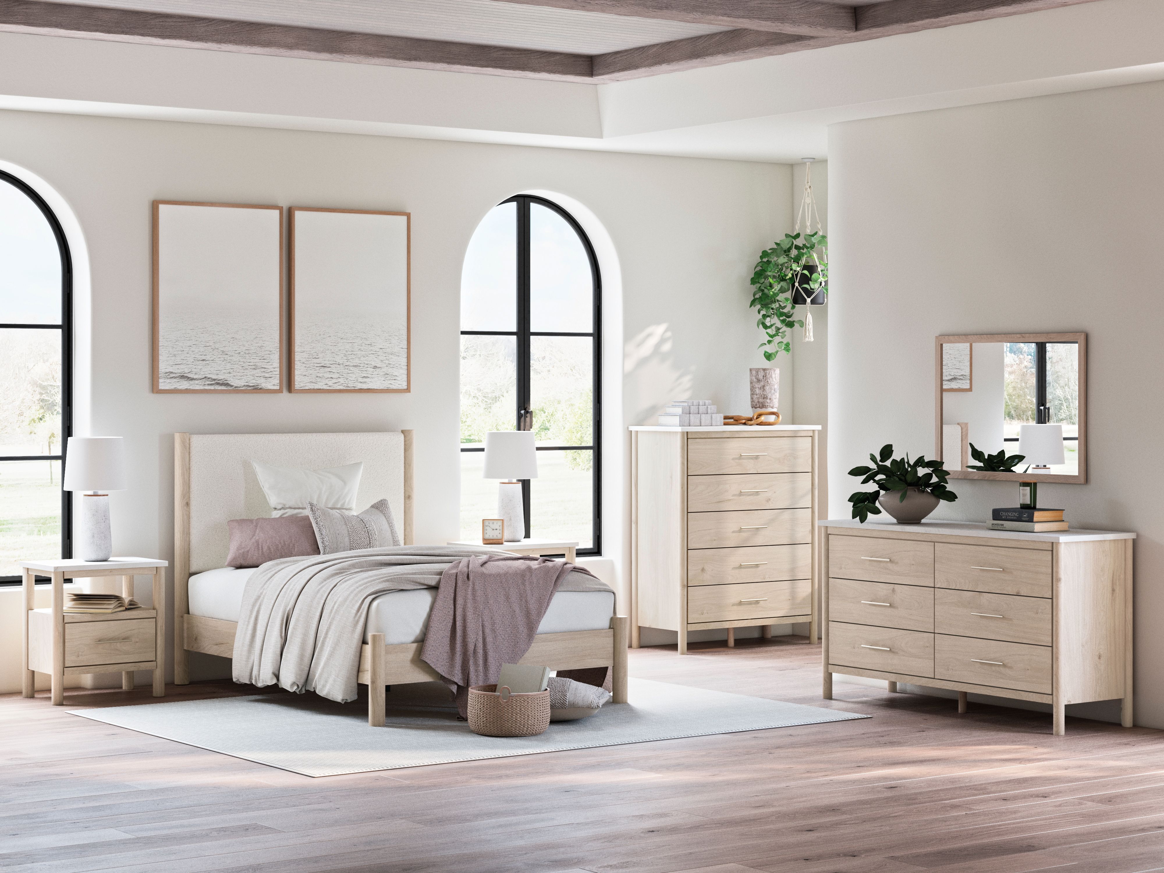 Full · 5 Pc · Dresser, Mirror, Full Upholstered Panel Bed - Two