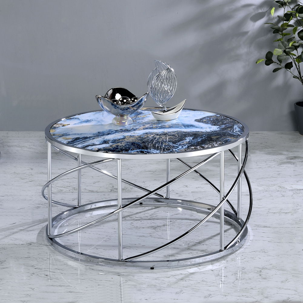 Lyda - Coffee Table - Blue Marble Print & Chrome, blue