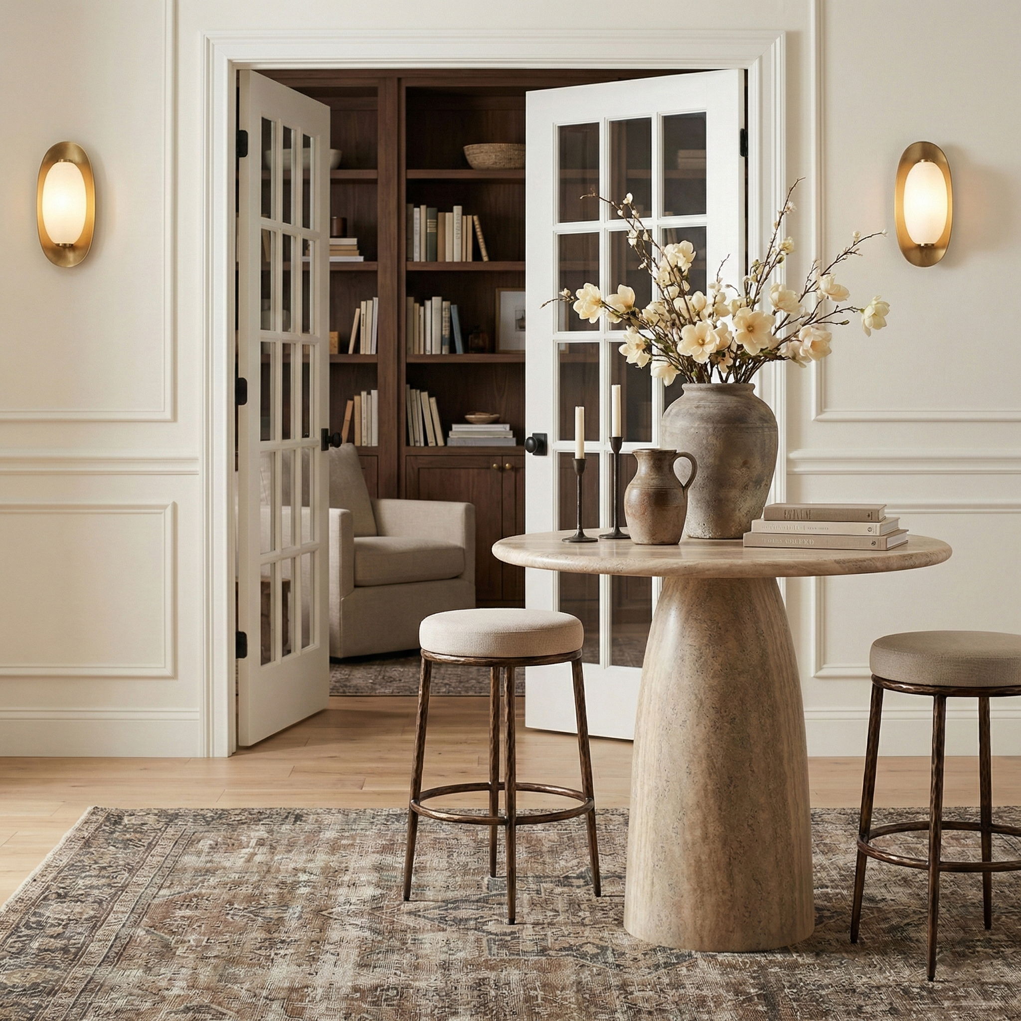 Ferro - Performance Fabric Upholstered Backless Bar Stool - Beige / Antique Bronze