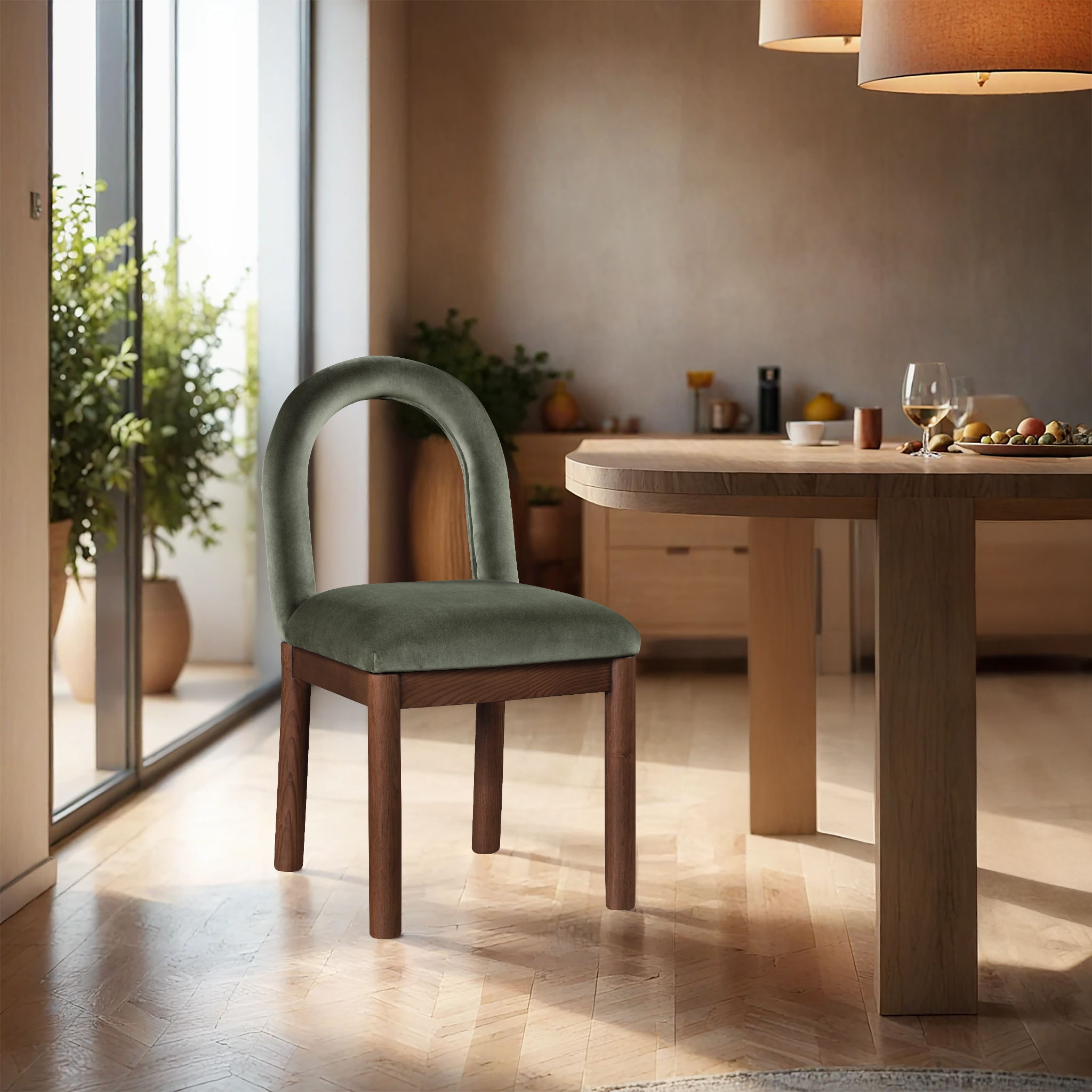 Conrad - Velvet Dining Chair With Brown Legs - Green