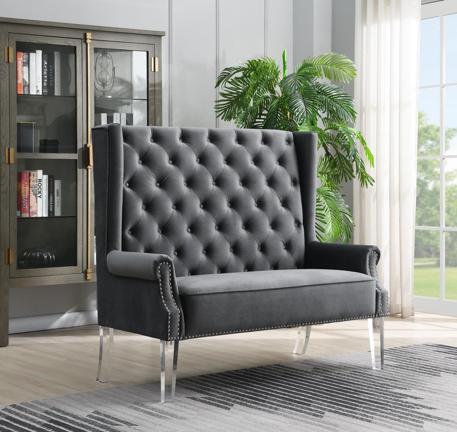 D2095 - High Back Velvet Wing Bench With Acrylic Legs - Gray
