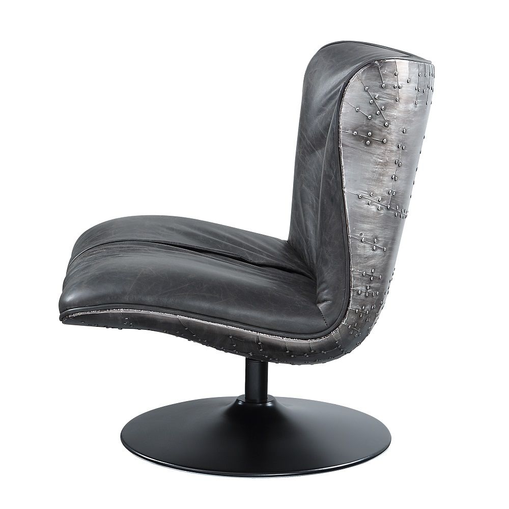 Piotr - Accent Chair With Swivel - Black Top Grain Leather, black, view 3