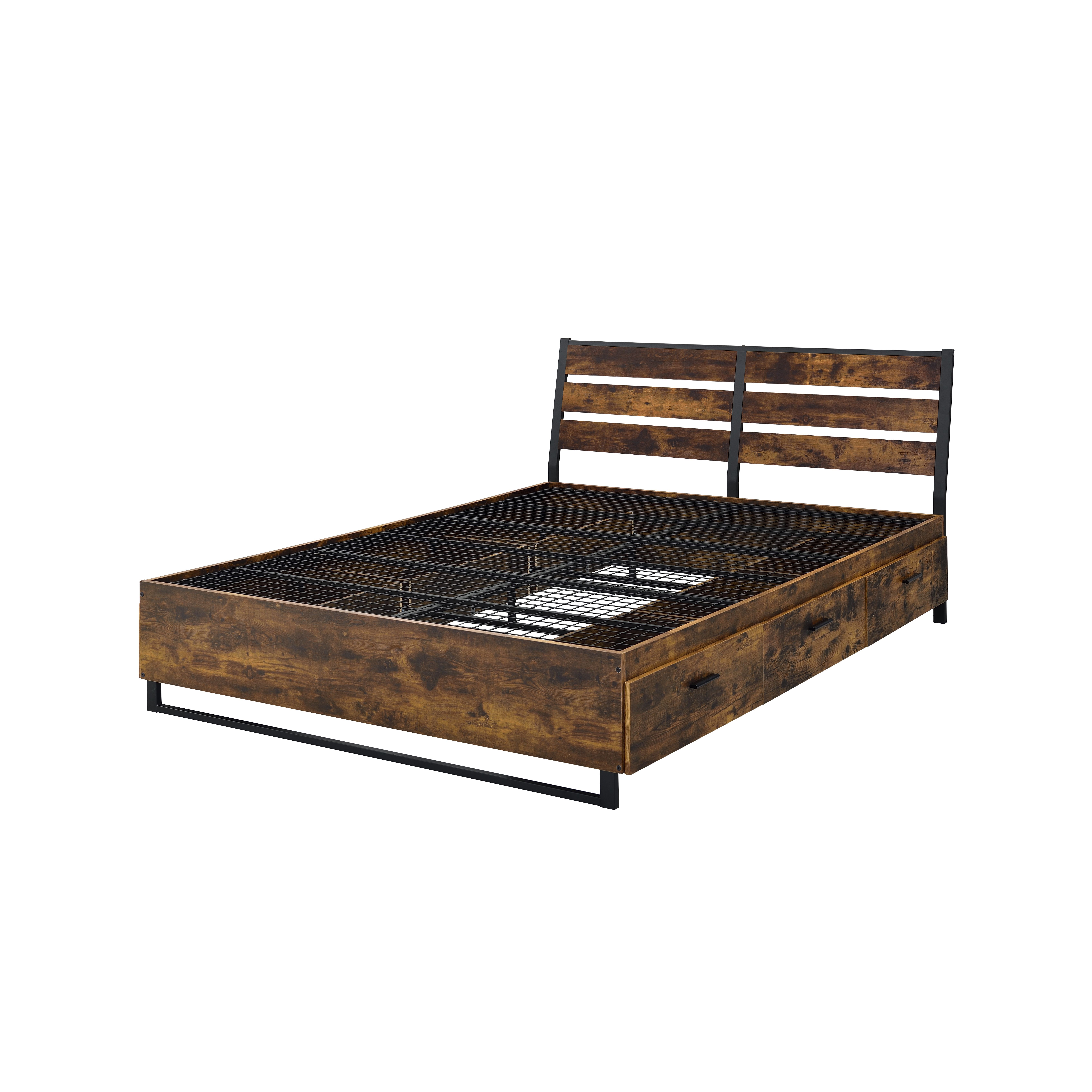 Juvanth - Eastern King Bed With Storage - Rustic Oak & Black, dark brown