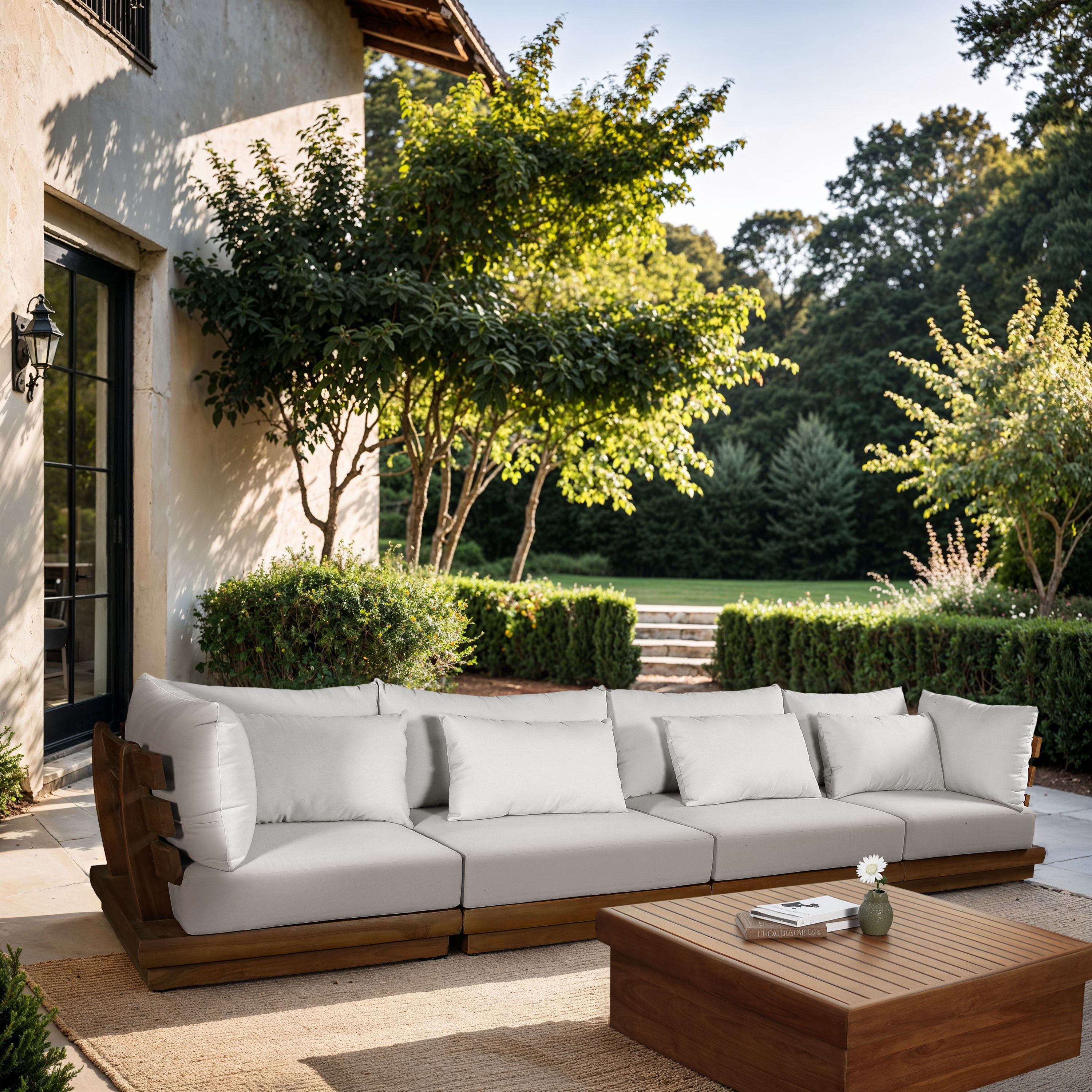 Mirella - 4 Piece Water Resistant Fabric 150" Upholstered Outdoor Patio Modular Sofa - Off-White