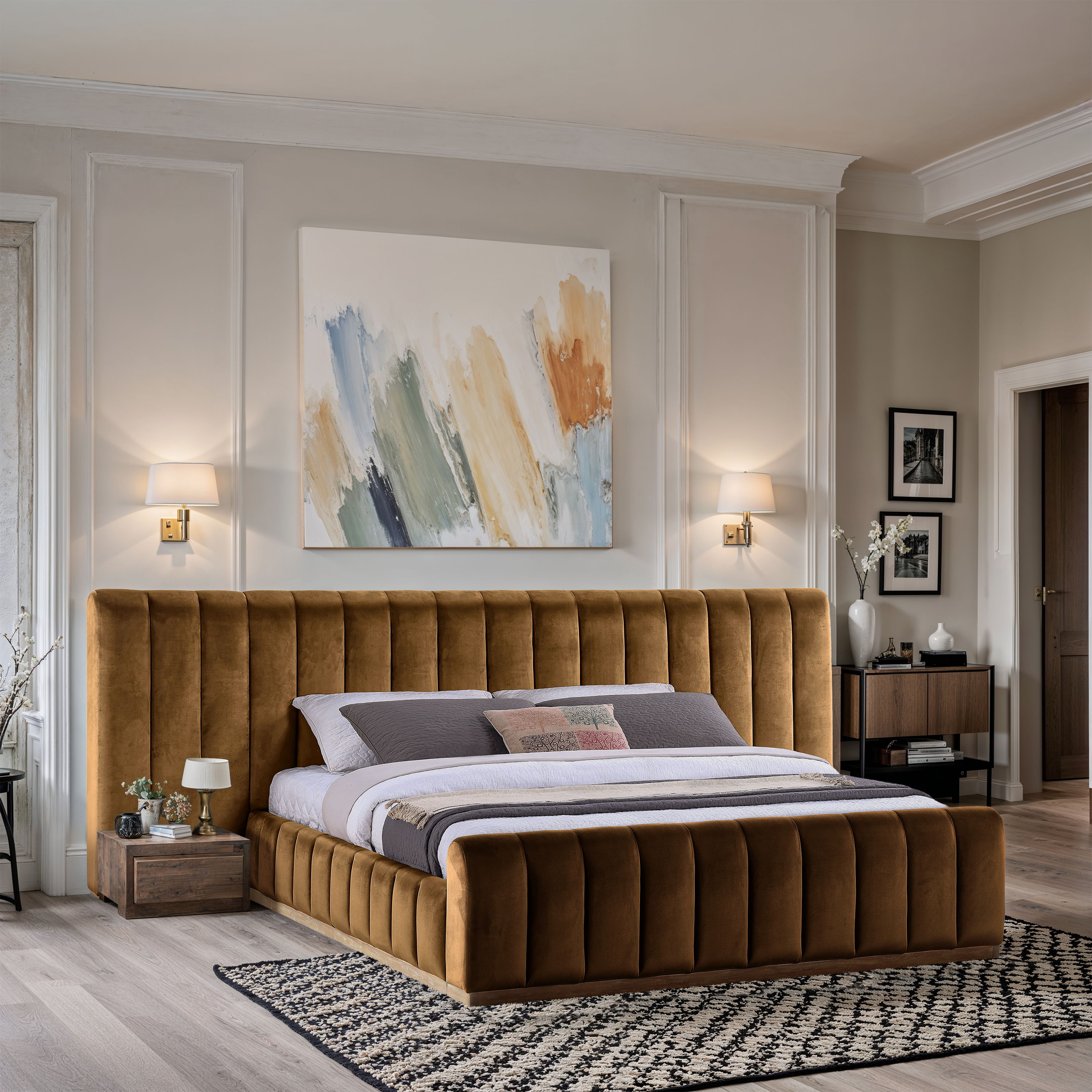 Amara - Velvet Upholstered King Bed - Saddle