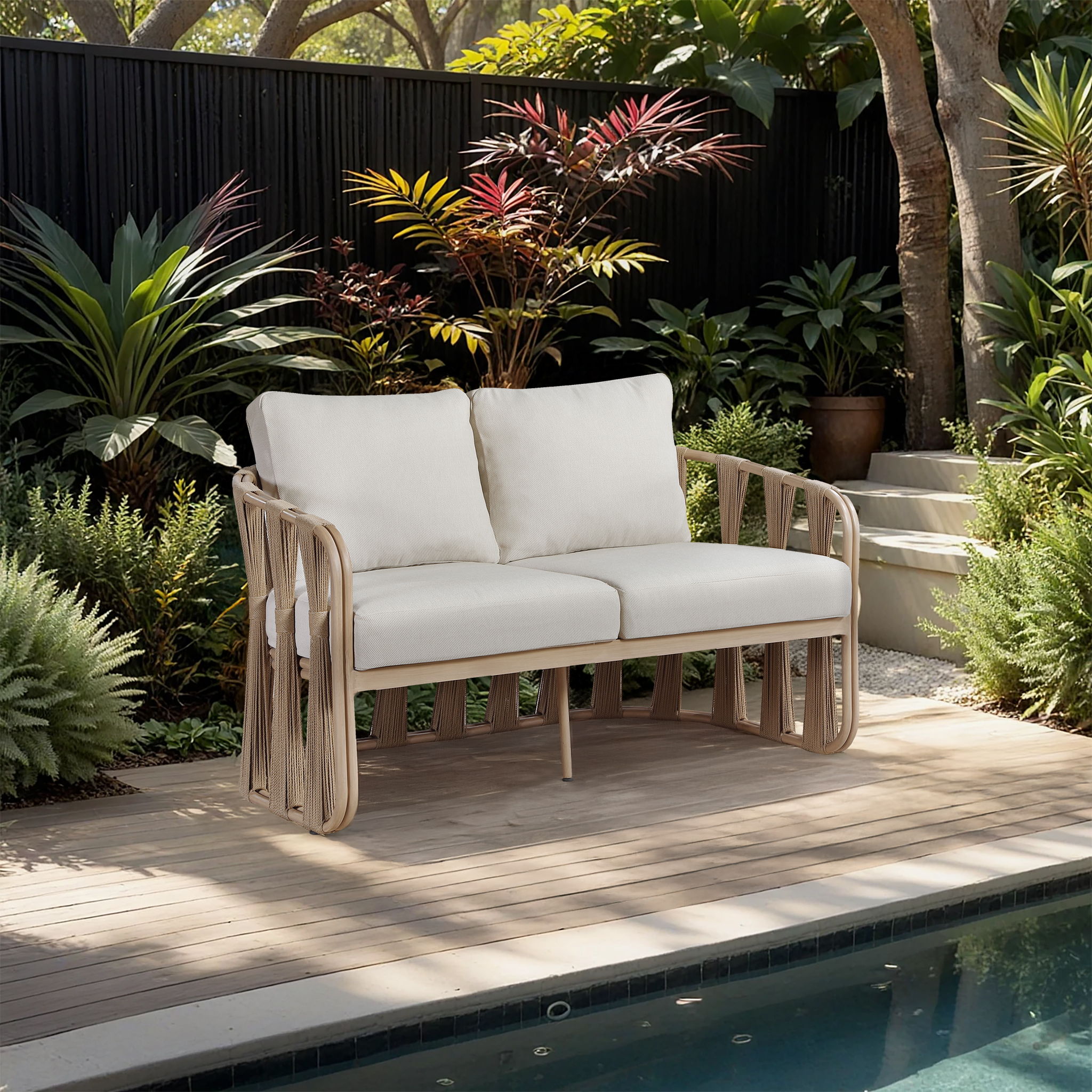San Pietro - Resilient Waterproof Fabric 60.5" Upholstered Outdoor Patio Loveseat - Beige