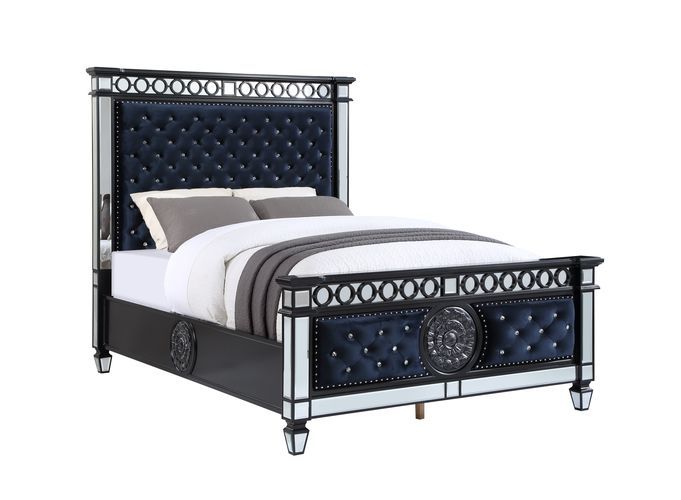 Varian II - Queen Bed - Mirrored, Dark Navy Blue Velvet & Black & Sliver, black