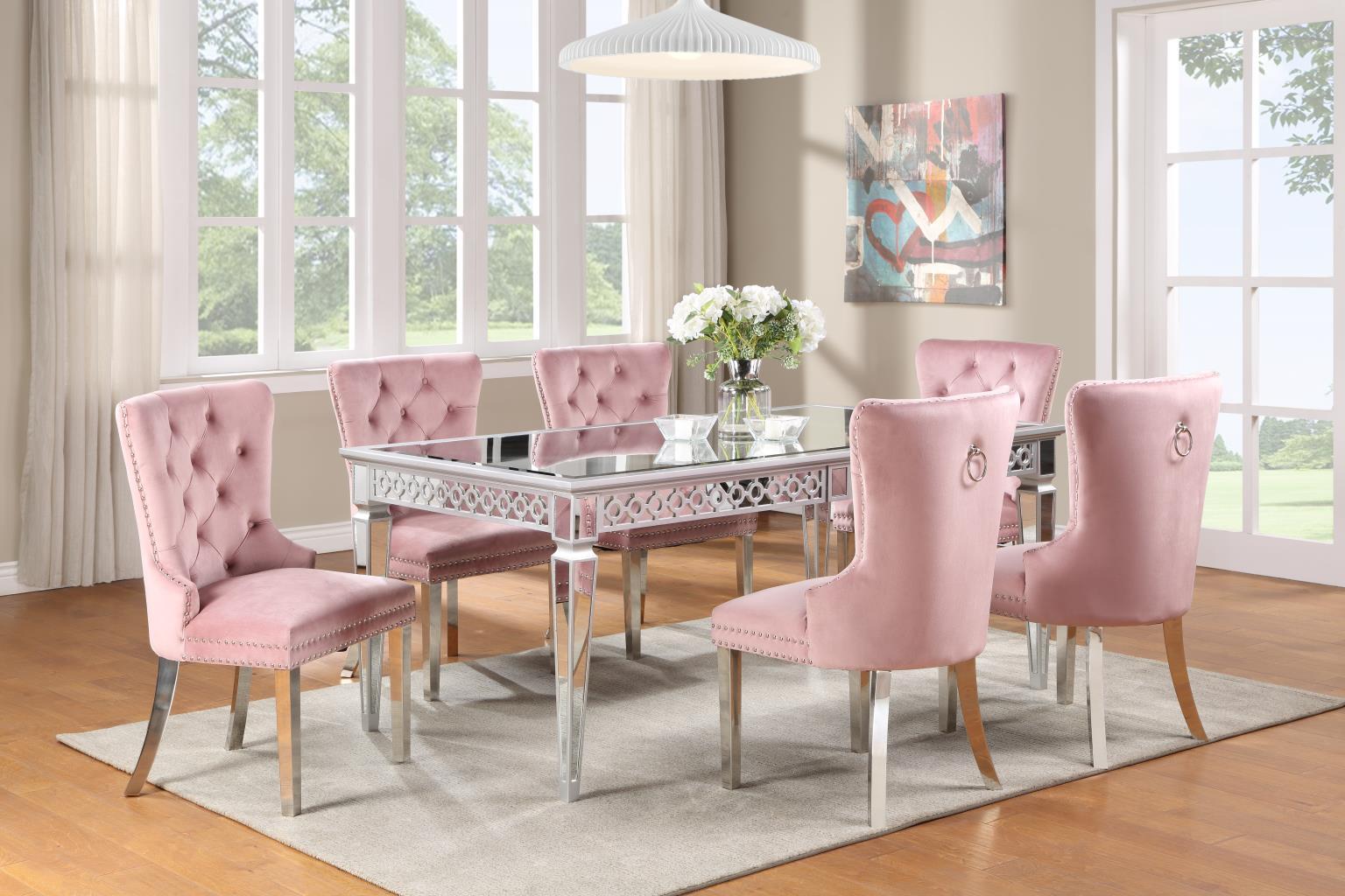 D082 - 7 Piece Dining Room Set (Table, 6 Side Chairs) - Pink / Pearl Silver