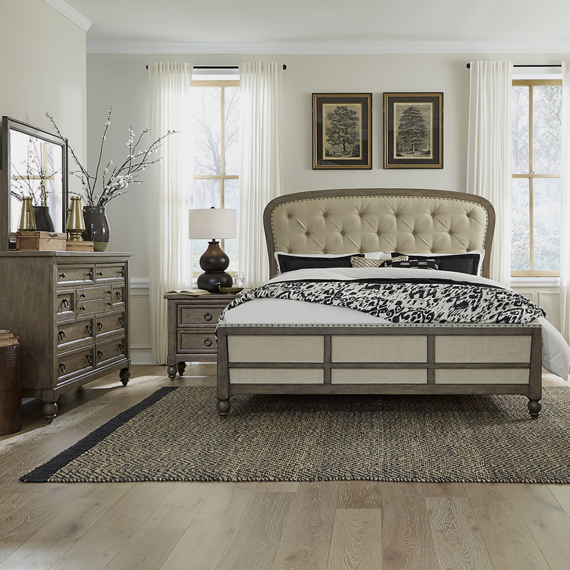 Liberty Furniture Americana Farmhouse - 4 Piece Bedroom Set (King Shelter Bed, Dresser & Mirror, Nightstand) - Light Brown