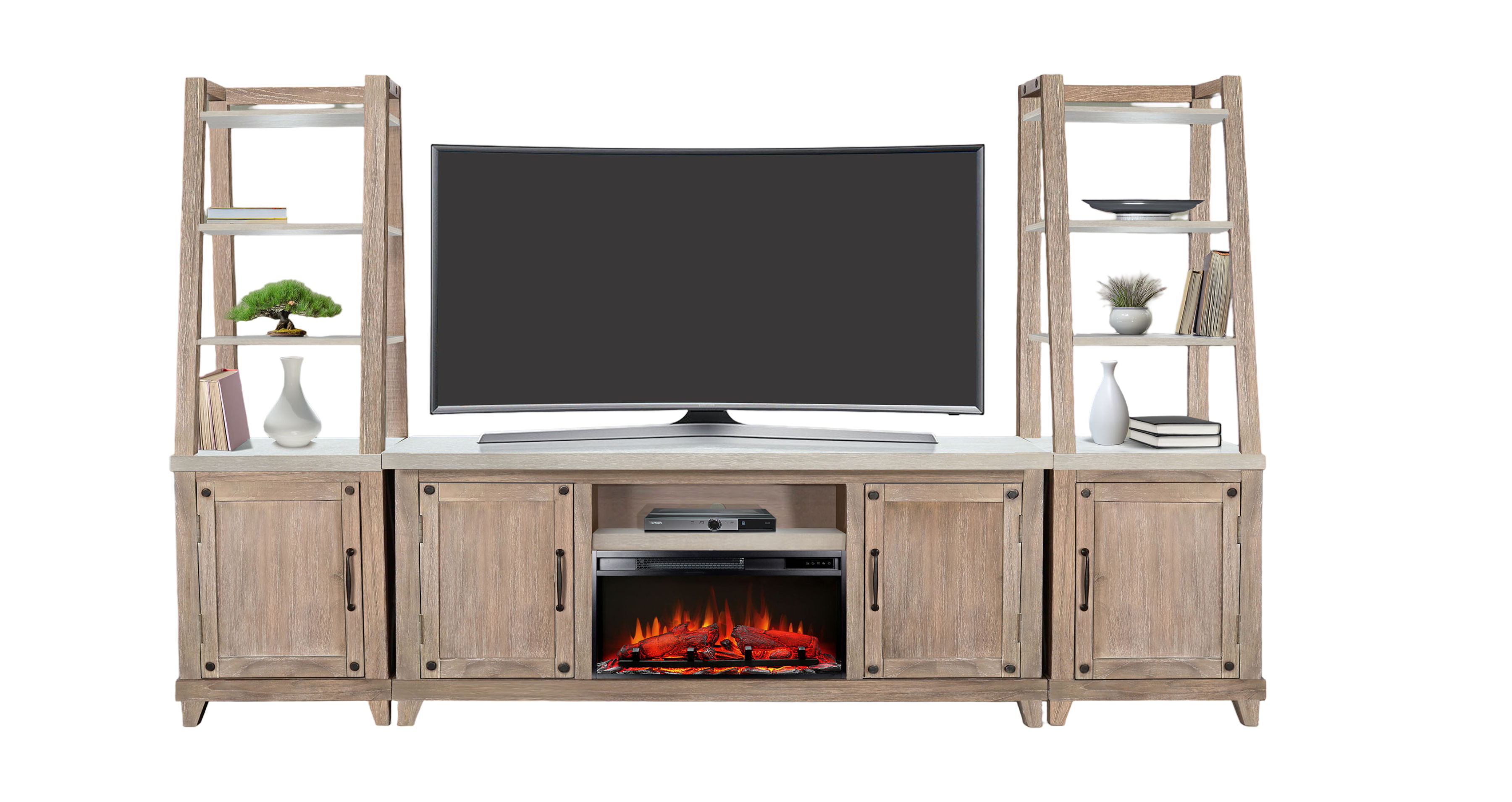 120\" Media Wall With Electric Fireplace - Light Gray / Wheat Image