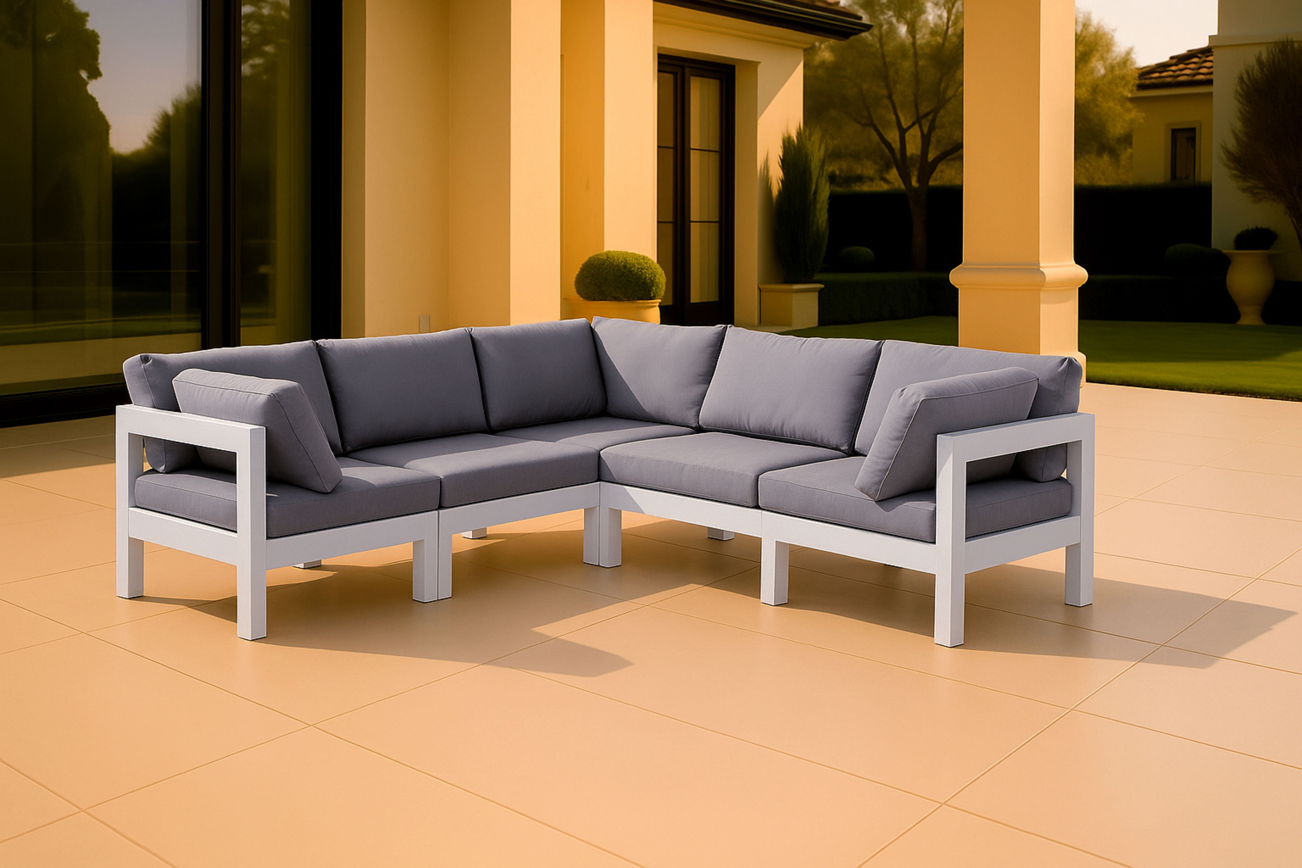Nizuc - Outdoor Patio 5 Piece Modular Corner Sectional With White Frame - Gray