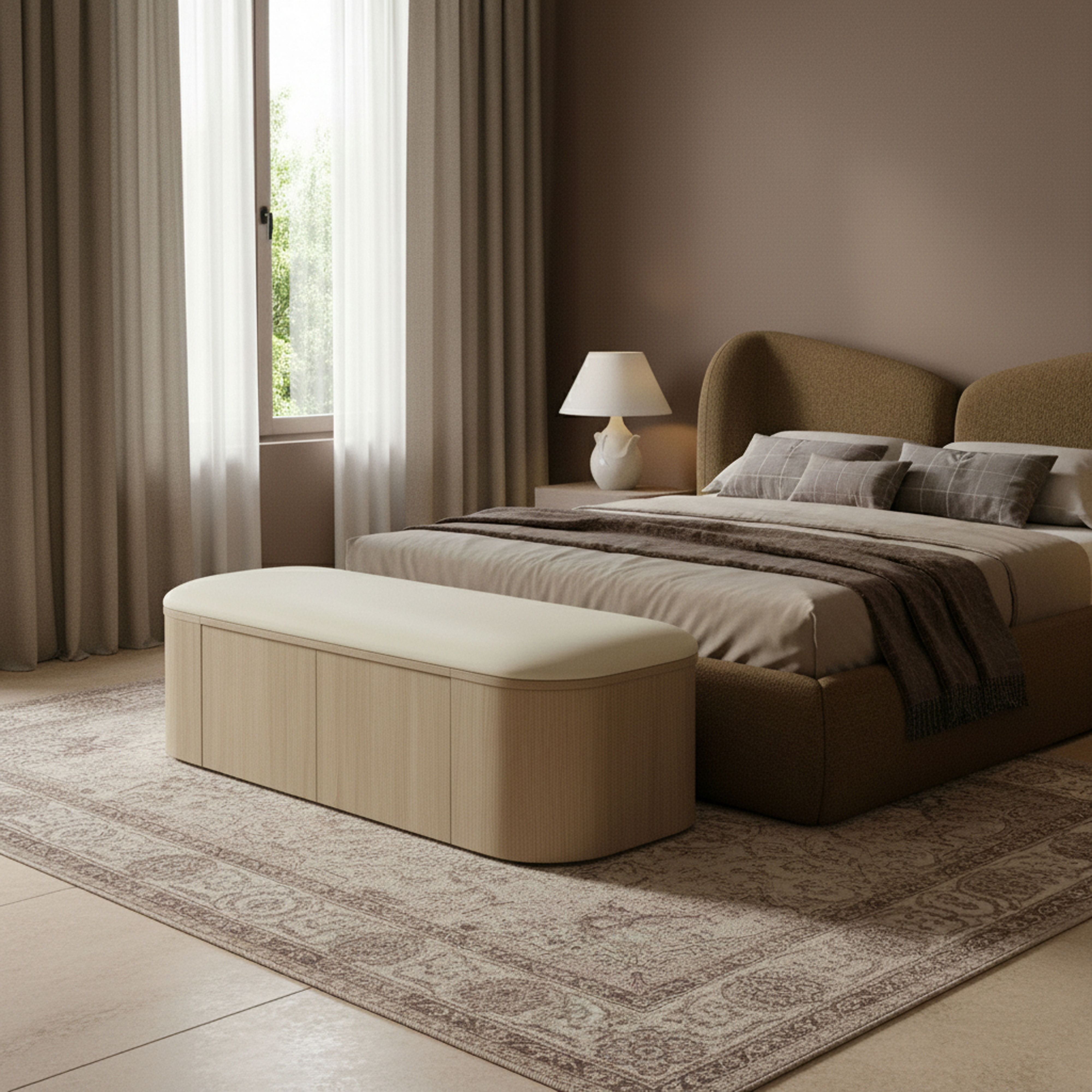 Velden - Vegan Leather Upholstered Storage Bench - Cream / Stained Natural