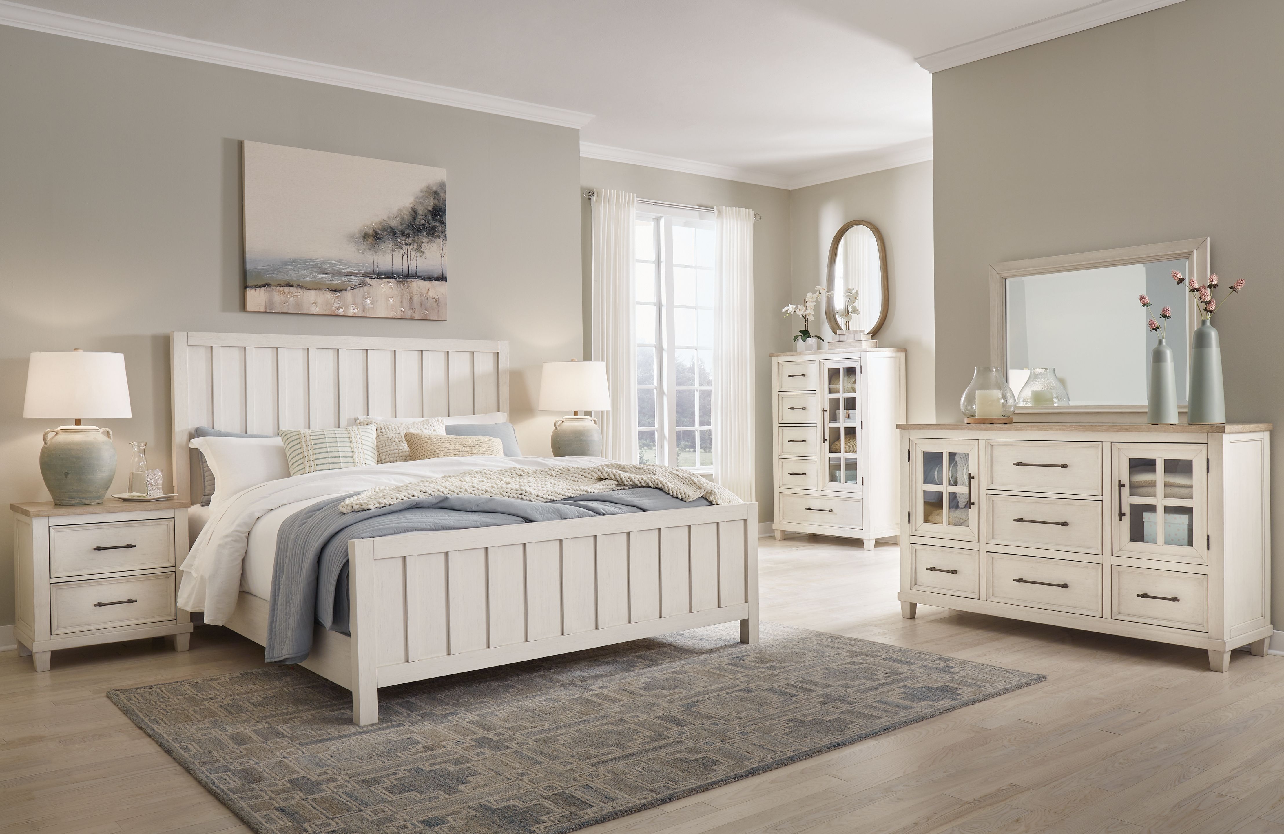 Ashley Shaybrock - Antique White - 4 Pc. - Dresser, Mirror, King Panel Bed