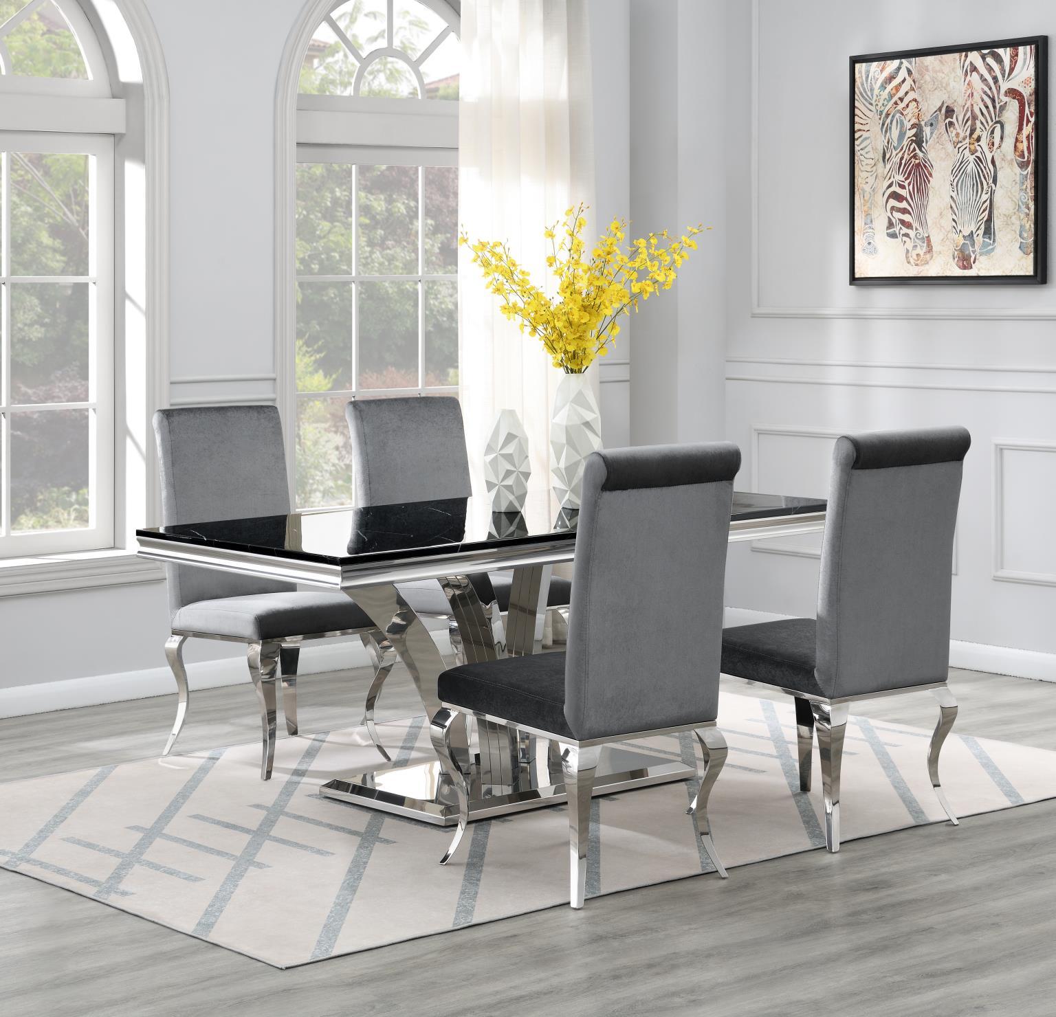G-083-T-BLACK - 5 Piece Dining Room Set (Table, 4 Velvet Chairs) - Black / Gray