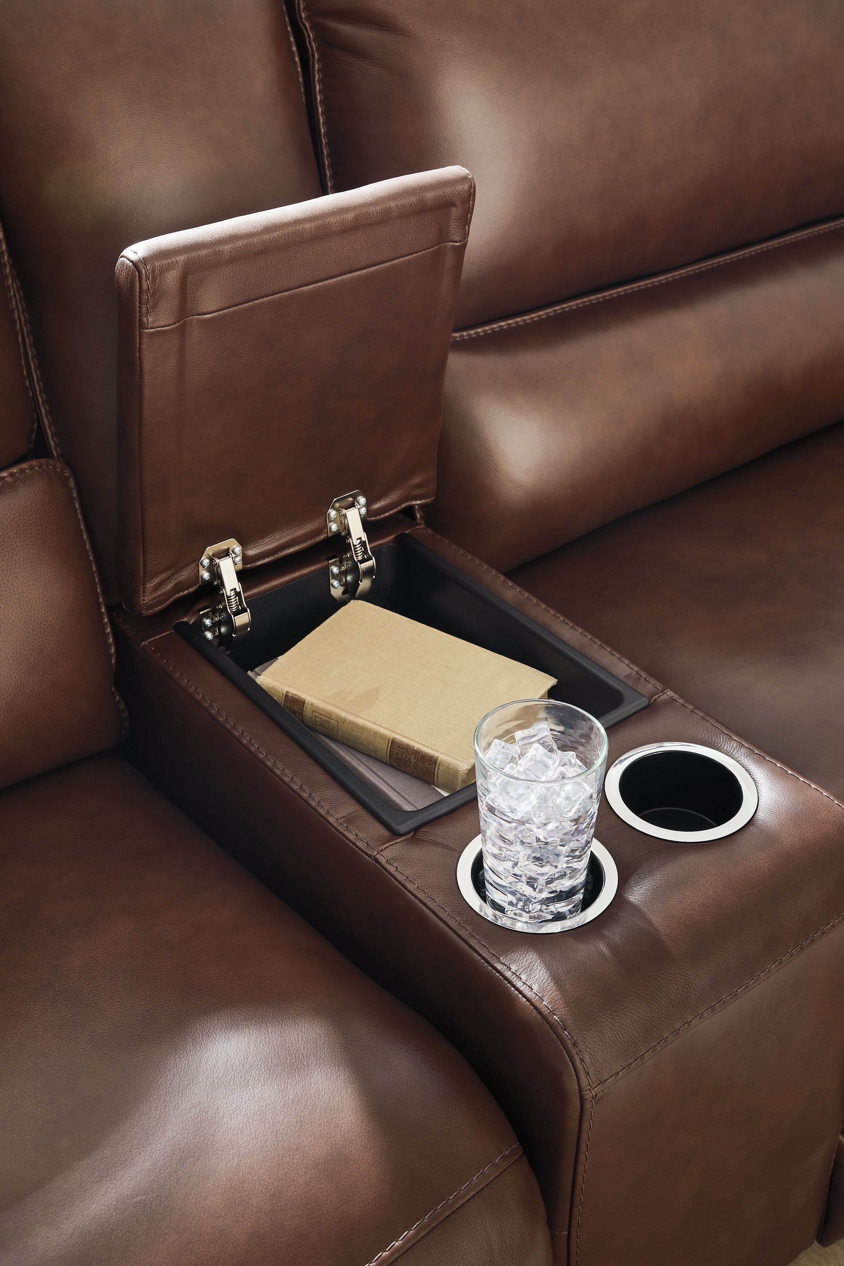 DeepWakes - 3-Piece Power Reclining Sectional With RAF Press Back Power Chaise And Storage Console - Canyon