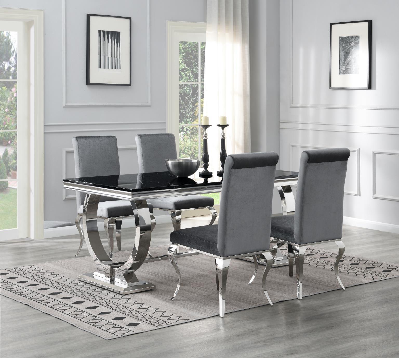 G-082-T-BLACK - 5 Piece Dining Room Set (Table, 4 Velvet Chairs) - Black / Gray