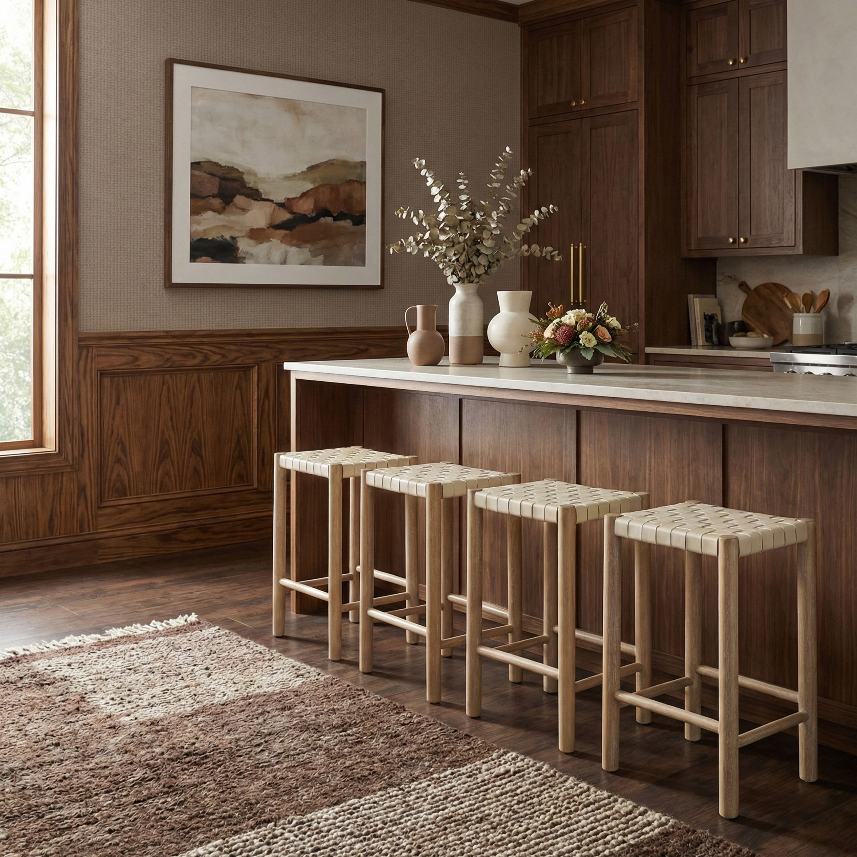 Entwine - Vegan Leather Upholstered Backless Counter Stool - Cream / Painted Natural
