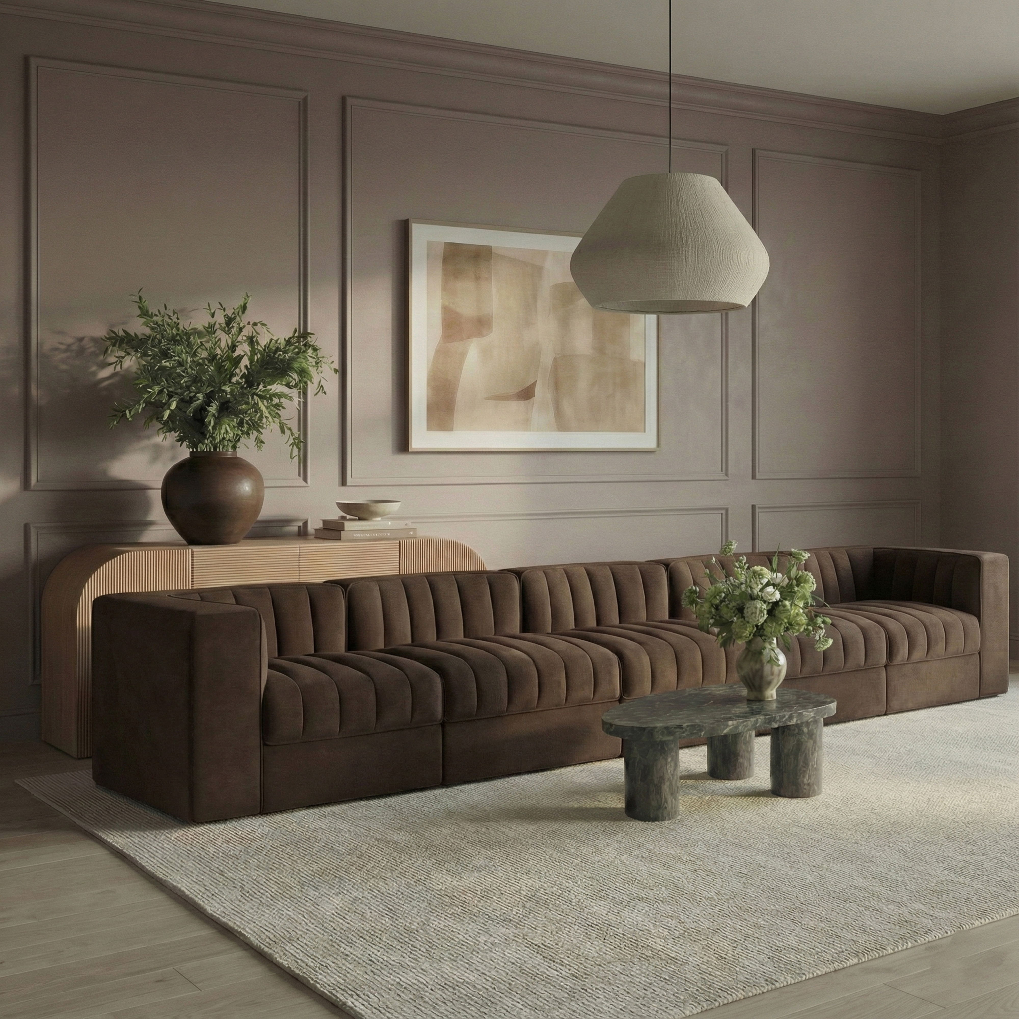 Rummi - Velvet Performance Fabric Upholstered 5 Piece Modular Sofa - Brown