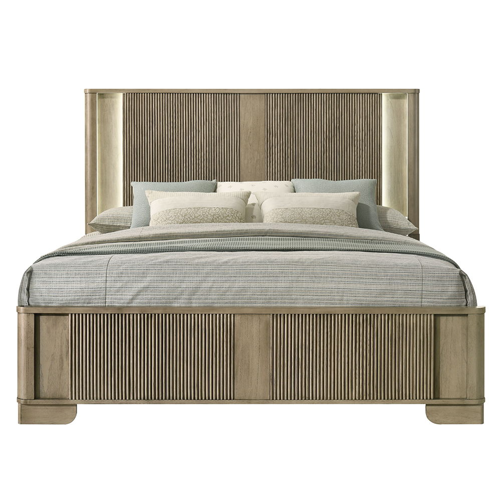 Lakkari - Queen Bed With LED - Antique Oak, light brown, view 7
