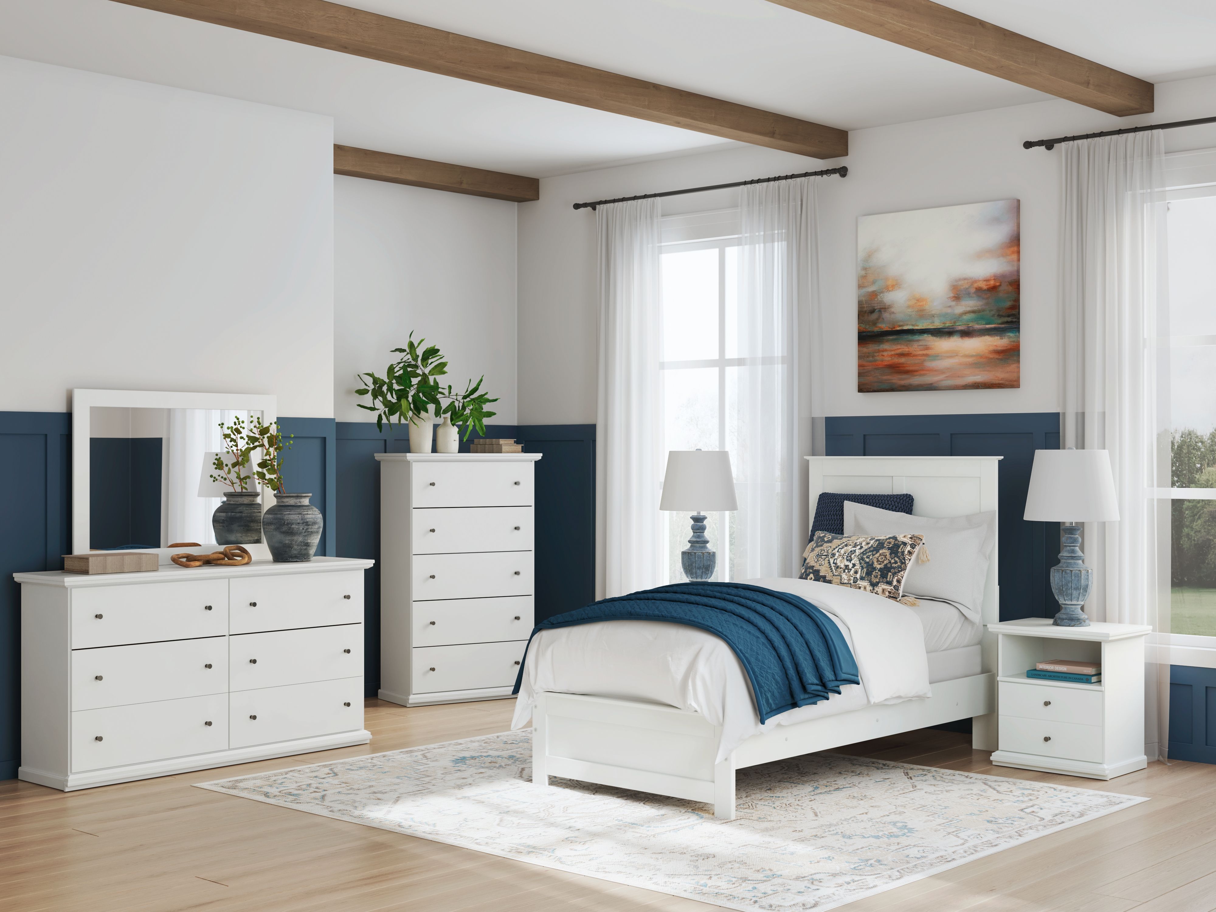 Bostwick Shoals - 5 Pc. - Dresser, Mirror, Chest, Twin Panel Bed With Framed Footboard - White