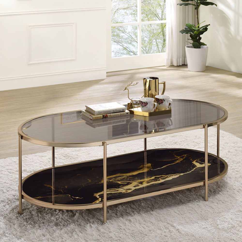 Fiorella - Coffee Table - Black Marble Print & Champagne, black