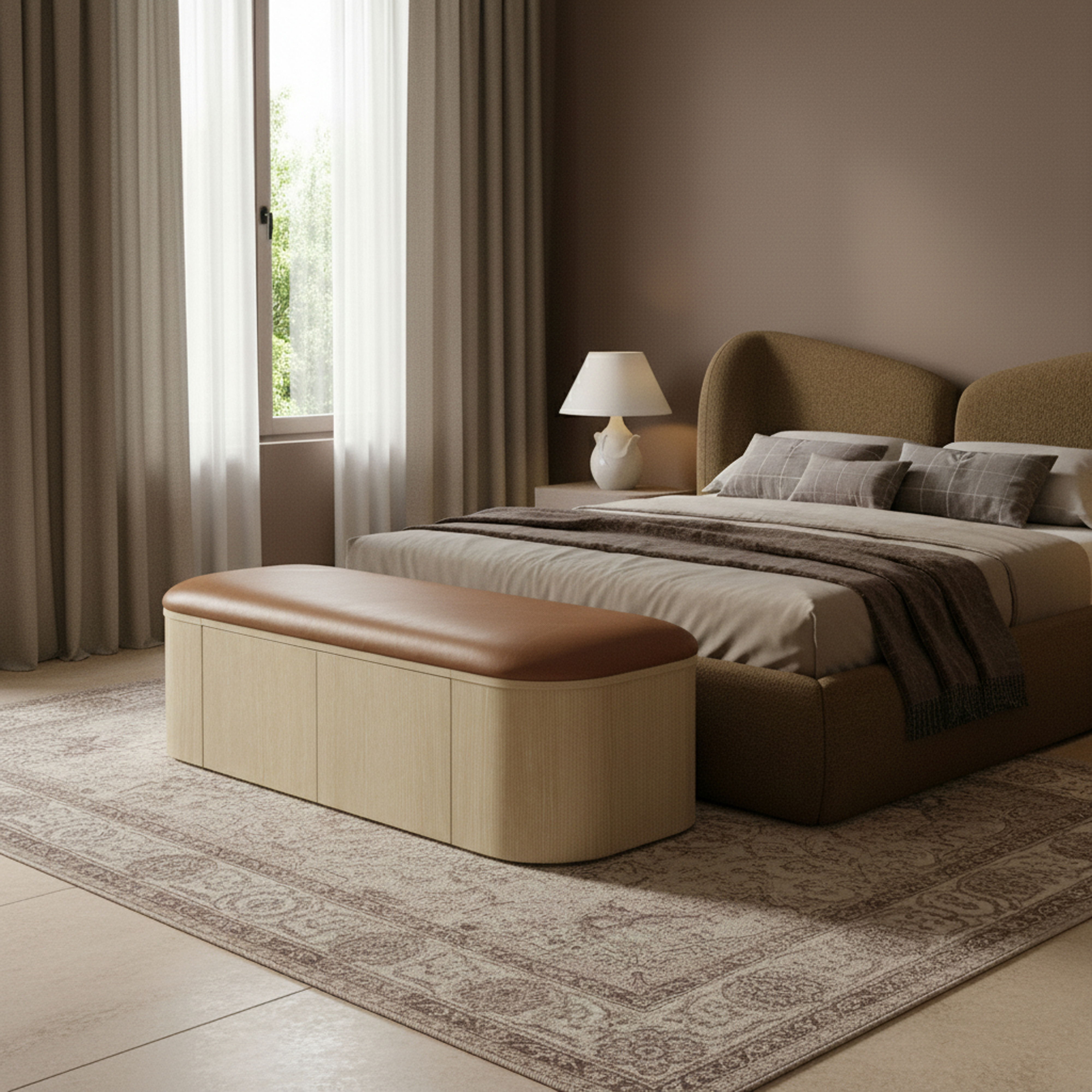 Velden - Vegan Leather Upholstered Storage Bench - Cognac / Stained Natural