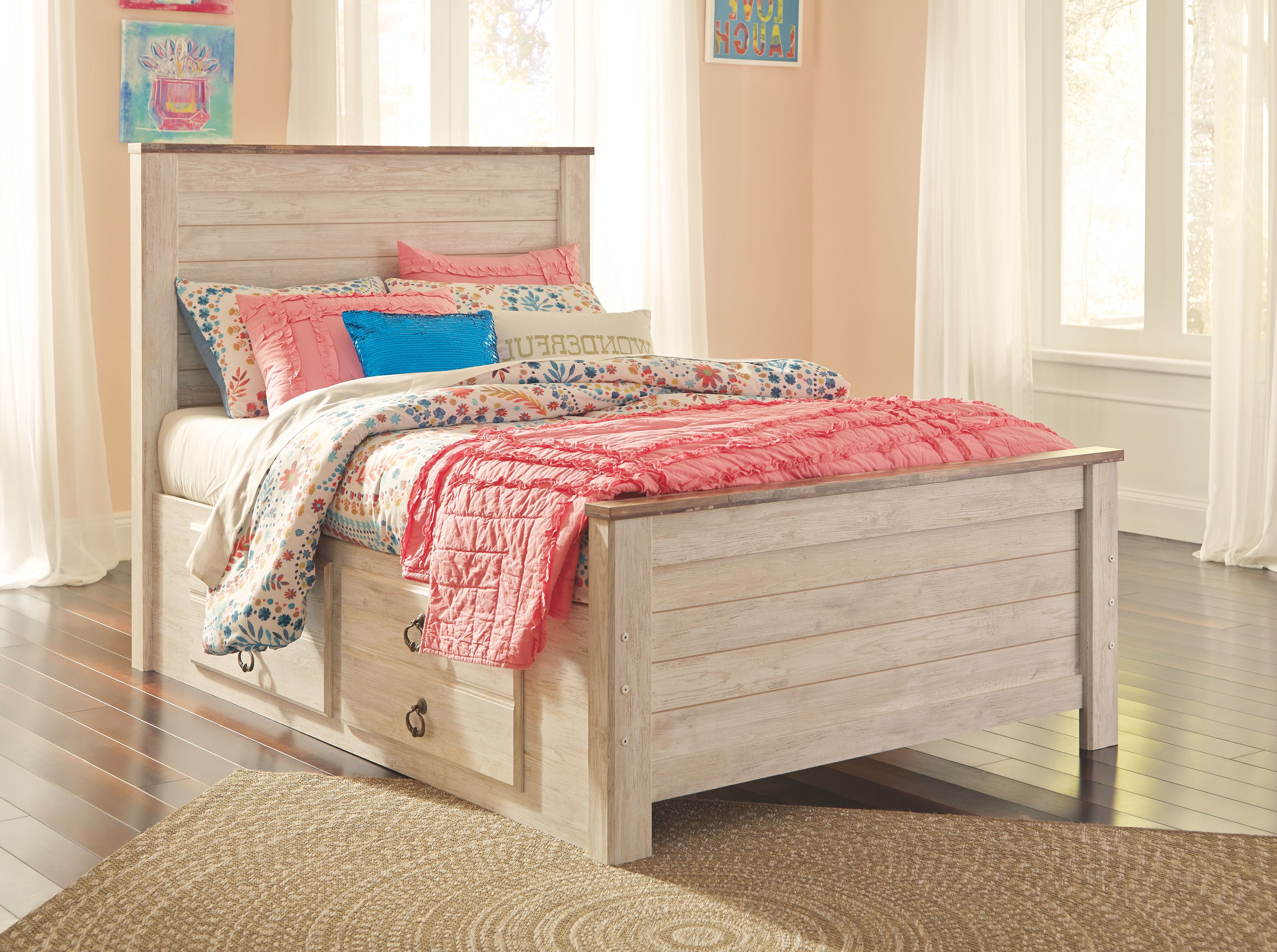 Willowton - Full Panel Bed With 2 Storage Drawers - Whitewash