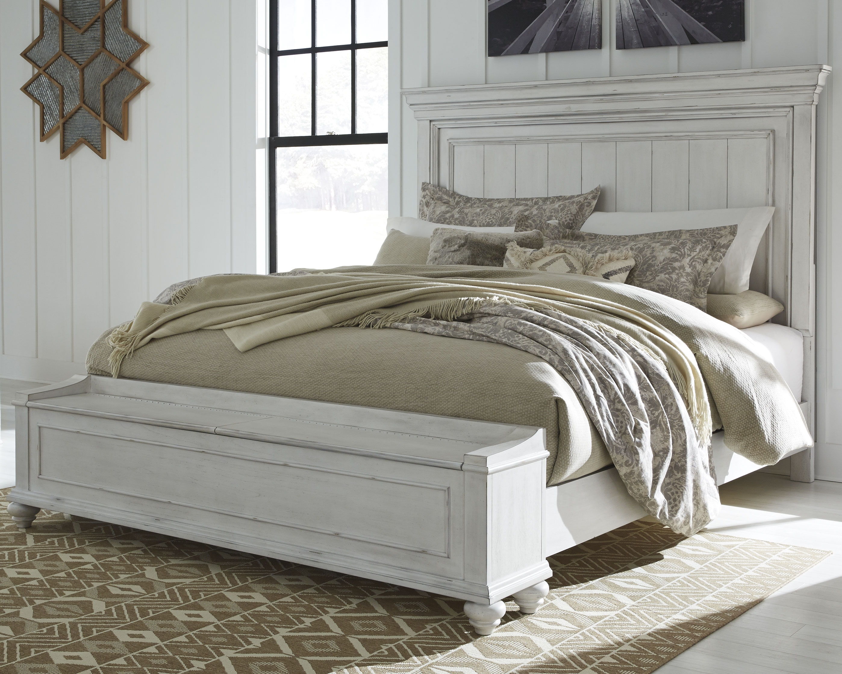 Ashley Furniture Kanwyn - 6 Pc. - Dresser, Mirror, Chest, Queen Panel Bed with Storage Bench - Whitewash - Image 3