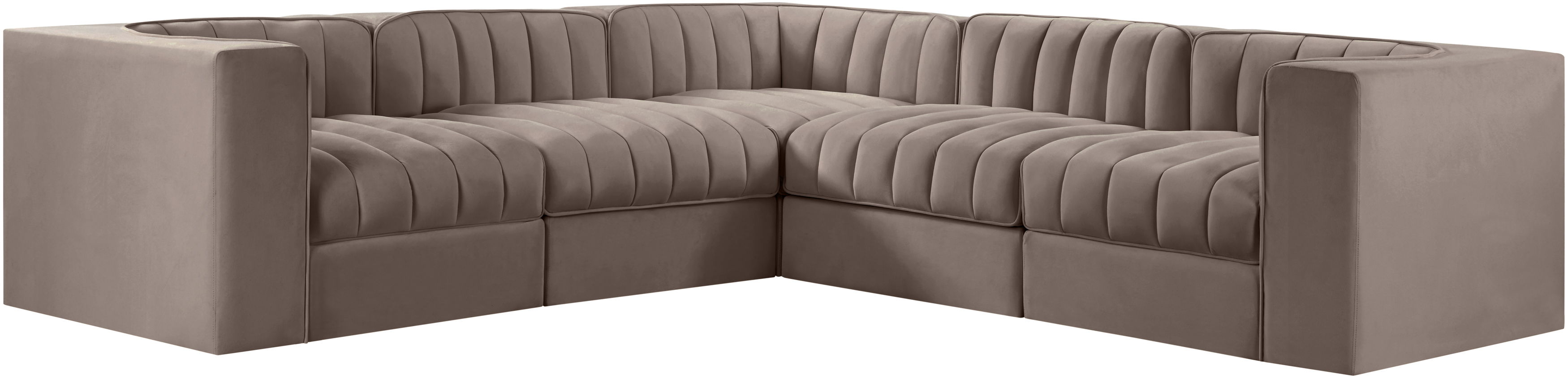 Rummi - Velvet Performance Fabric Upholstered 5 Piece Modular Sectional (With 3 Corner Chairs) - Taupe