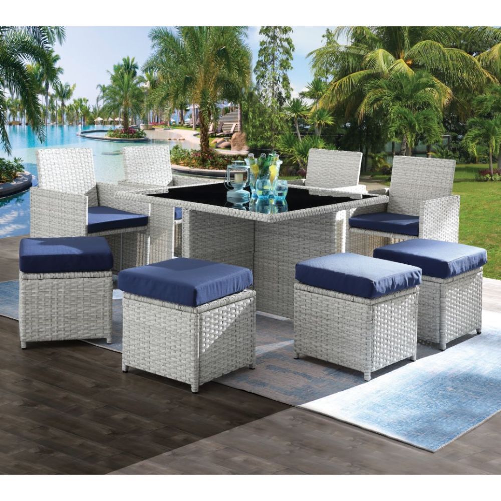 Paitalyi - 9 Piece Bistro Set - Blue Fabric & Wicker, beige