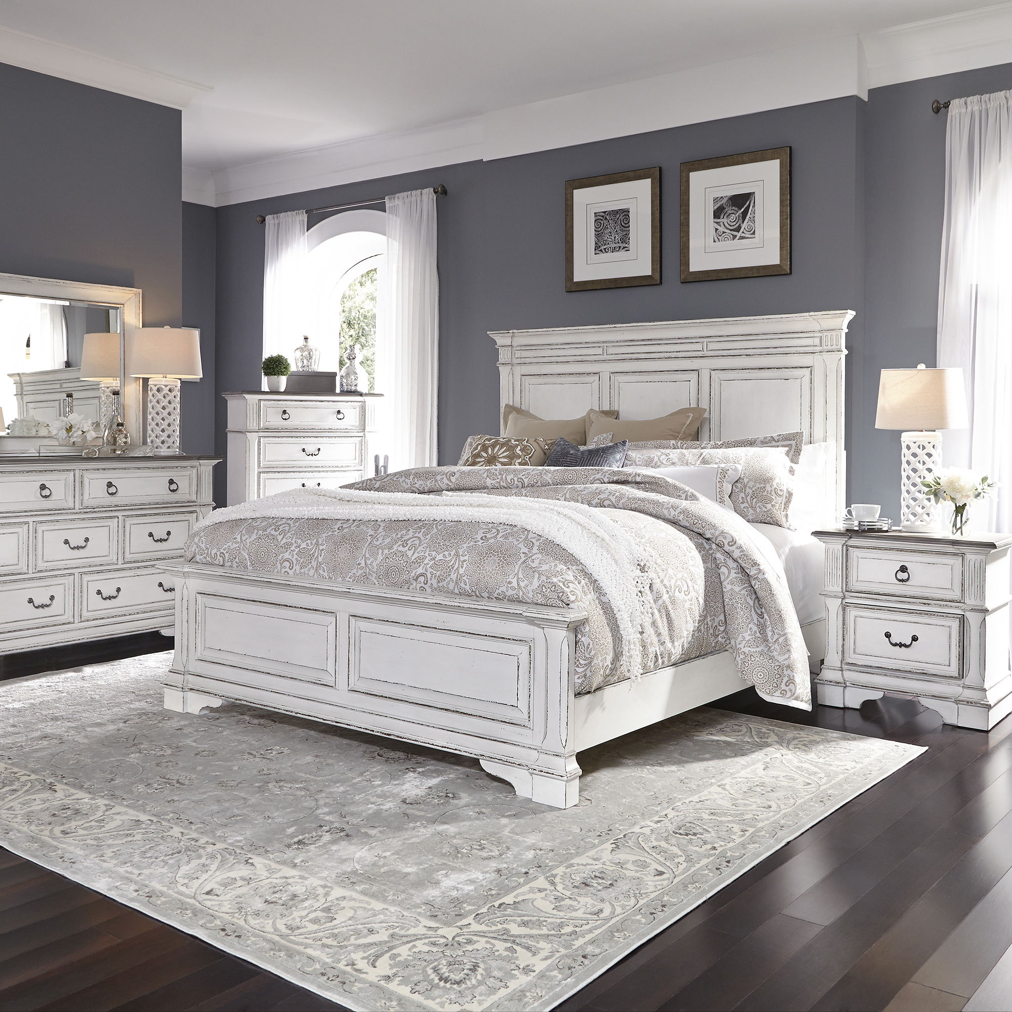 Abbey Park - King Panel Bed, Dresser & Mirror, Chest, Night Stand - White